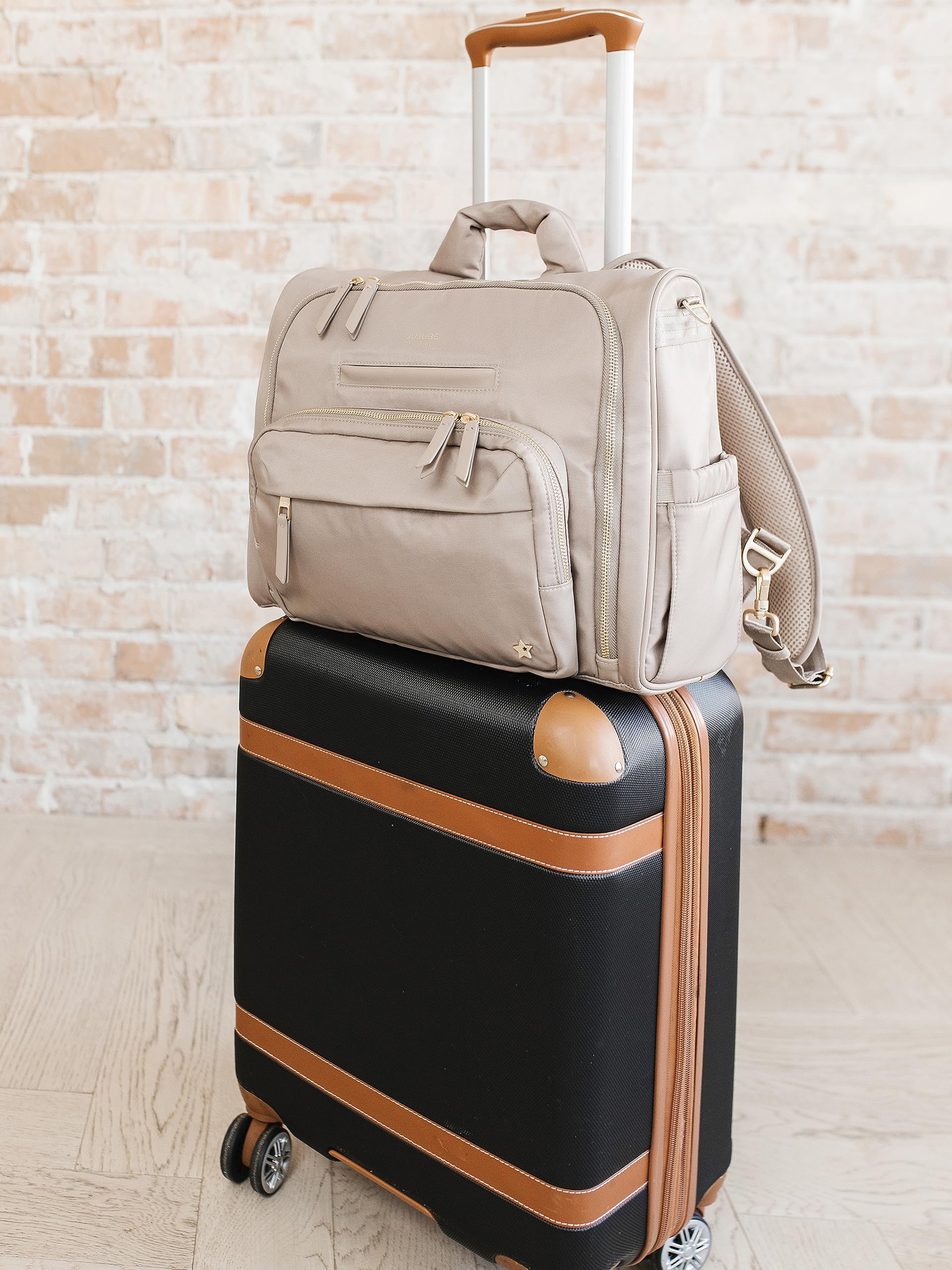 JuJuBe Convertible Diaper Backpack - Large Baby Travel Bag with Insulated Bottle Pockets & Portable Changing Pad | Taupe Diaper Satchel for Moms | Perfect for Daycare, Travel & On-the-Go Parenting (Boy or Girl)