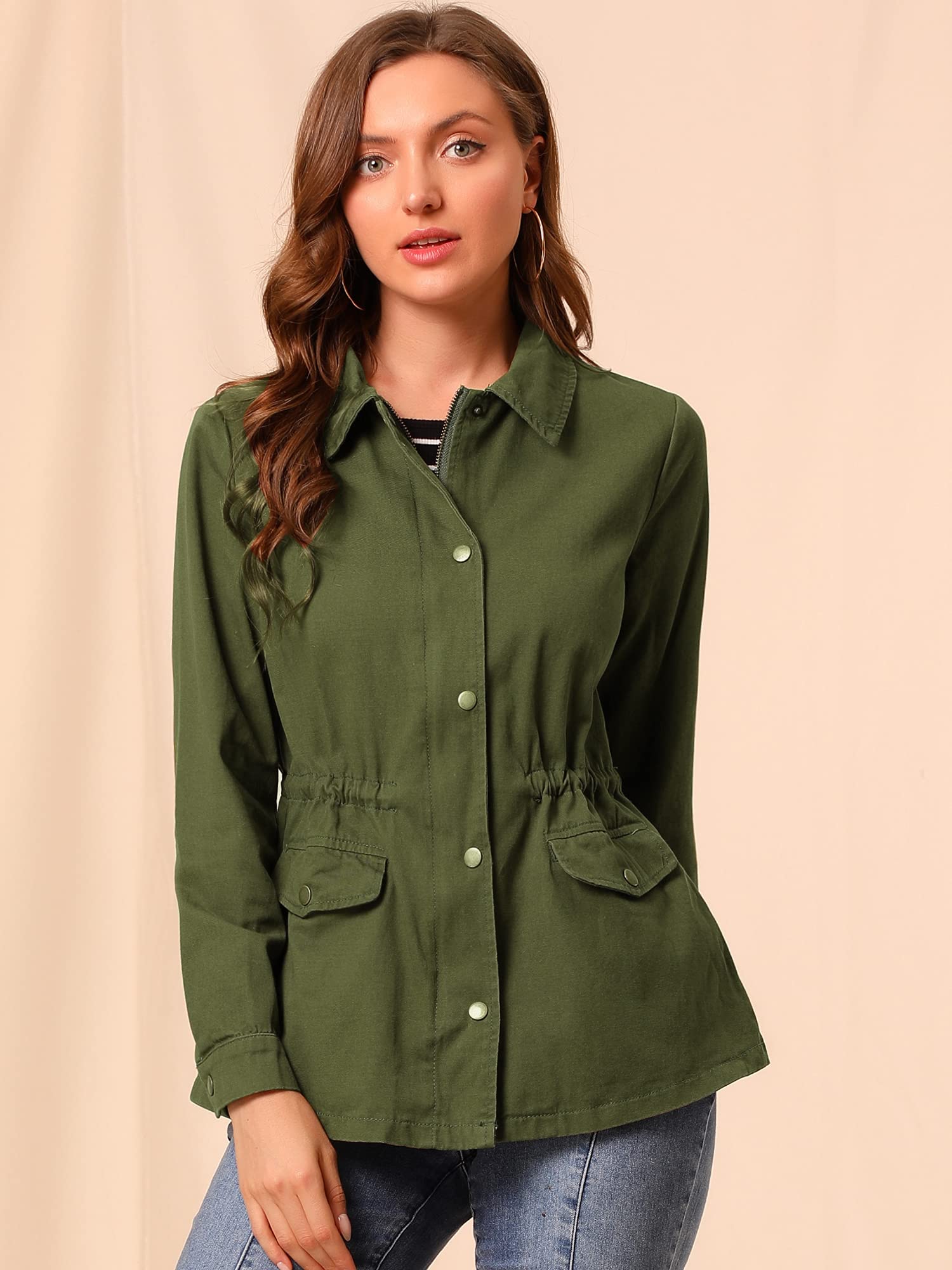 Allegra K Women's Lightweight Utility Jacket with Drawstring Waist & Flap Pockets - Spring 2025 Fashion Outerwear for Casual Wear, Travel & Outdoor Activities