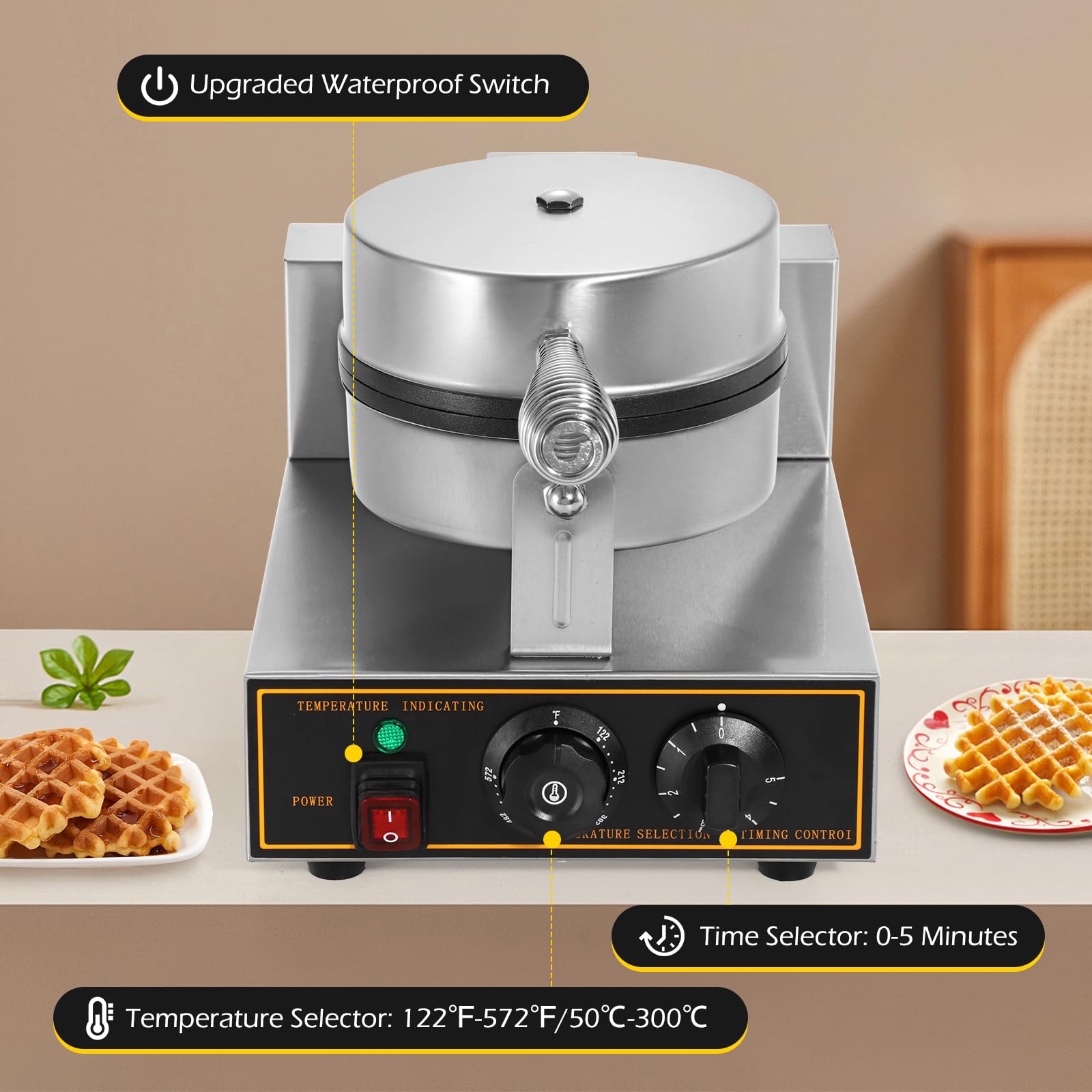 Dyna-Living Commercial Waffle Maker Machine 1200W - Round Stainless Steel Non-Stick Waffle Iron for Restaurants, Cafes & Breakfast Shops - Perfect for Belgian Waffles, Pancakes & Quick Breakfast Service (110V)