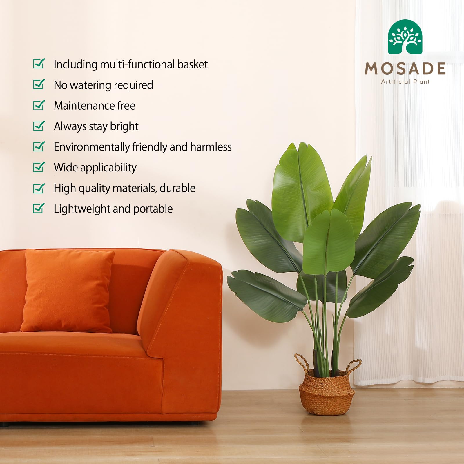 MOSADE 4FT Artificial Bird of Paradise Plant - Tall Fake Tropical Palm Tree with Woven Seagrass Basket, Realistic Faux Tree, 8 Detachable Trunks Silk Plants for Modern Home Decor, Indoor Office, Living Room, Bedroom, or Balcony - 2 Pack
