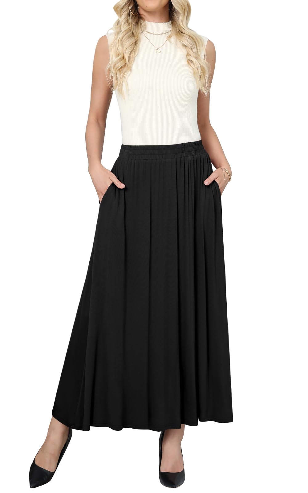 Women's Flowy High Waisted Maxi Skirt with Pockets - Casual Long Skirt for Summer, Beach, Travel & Everyday Wear