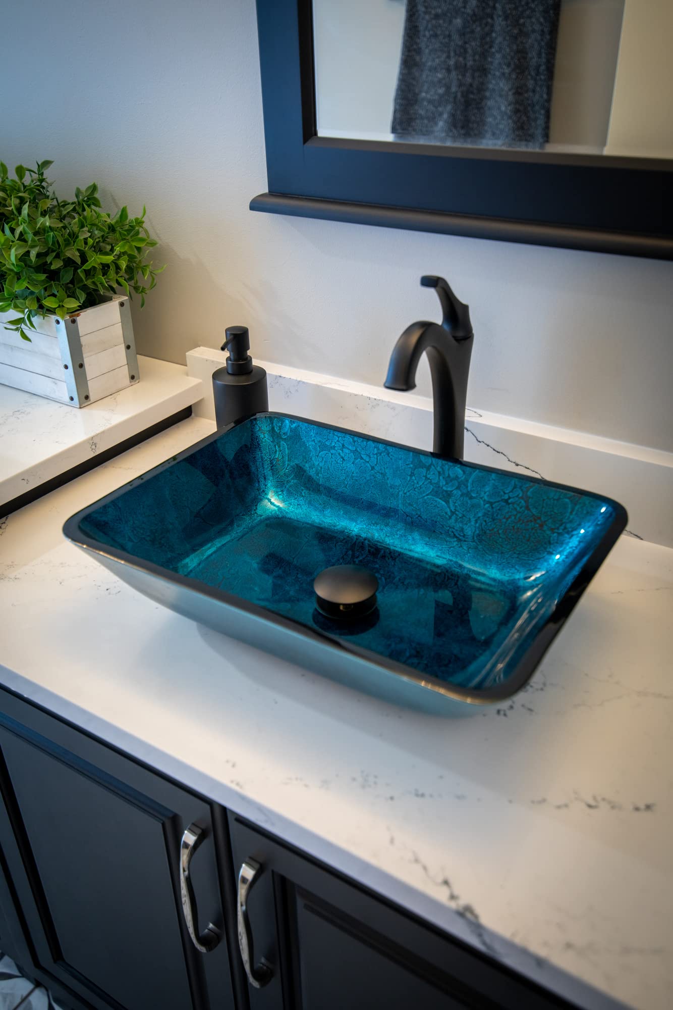 Modern Rectangular Turquoise Blue Foil Glass Vessel Bathroom Sink - Stylish Vanity Basin for Contemporary Home Decor, Perfect for Bathroom Renovation and Luxury Interior Design