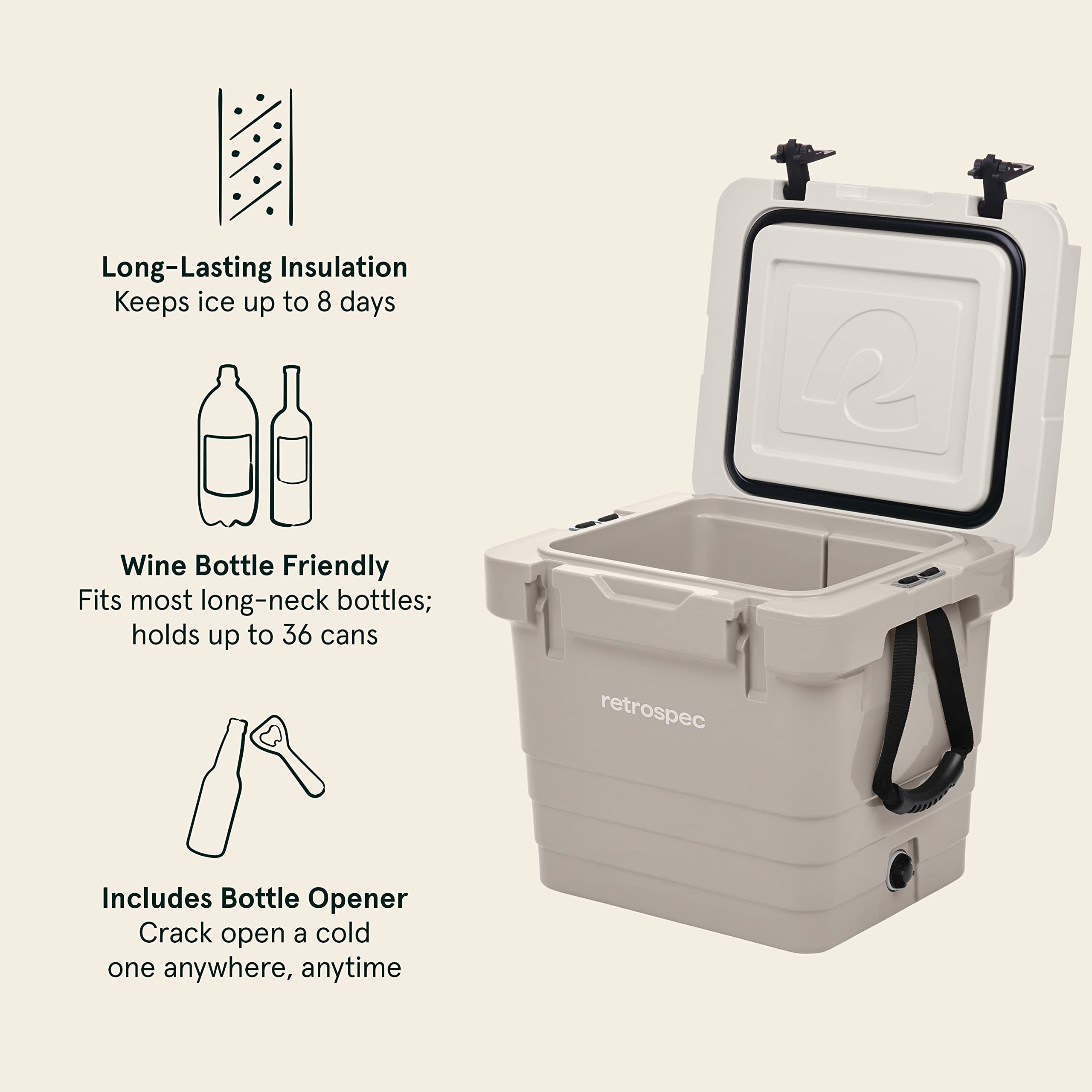 Retrospec Palisade Rotomolded Cooler - Fully Insulated Portable Ice Chest with Built-in Bottle Opener, Tie-Down Slots & Dry Storage Basket - 25QT, 45QT, 65QT Sizes for Beach, Camping, Travel & Outdoor Adventures - Perfect for Picnics, Tailgating & Road Trips