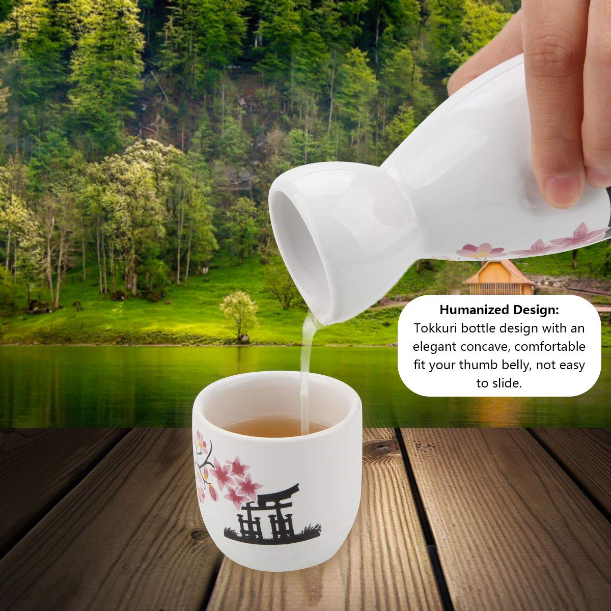 Premium Japanese Sake Set - Traditional Ceramic Tokkuri Bottle & 4 Ochoko Cups with Spring Blossom Design | Microwave & Dishwasher Safe | Perfect for Home Entertaining, Japanese Cuisine Pairing & Gift Giving