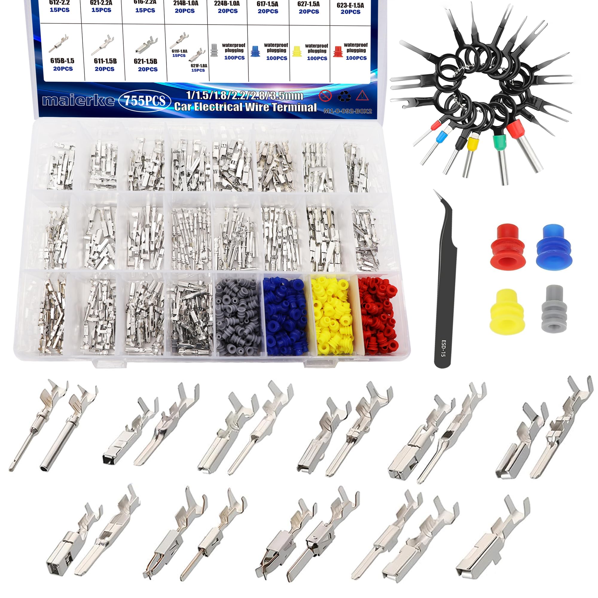 755PCS 21 Types Pin Connectors Kit - Automotive Electrical Wire Terminals (1/1.5/1.8/2.2/2.8/3.5mm) - Non-Insulated Male Female Crimp Connectors for Car Wiring Repair & DIY Projects | Perfect for Vehicle Maintenance, Home Garage & Electrical Projects