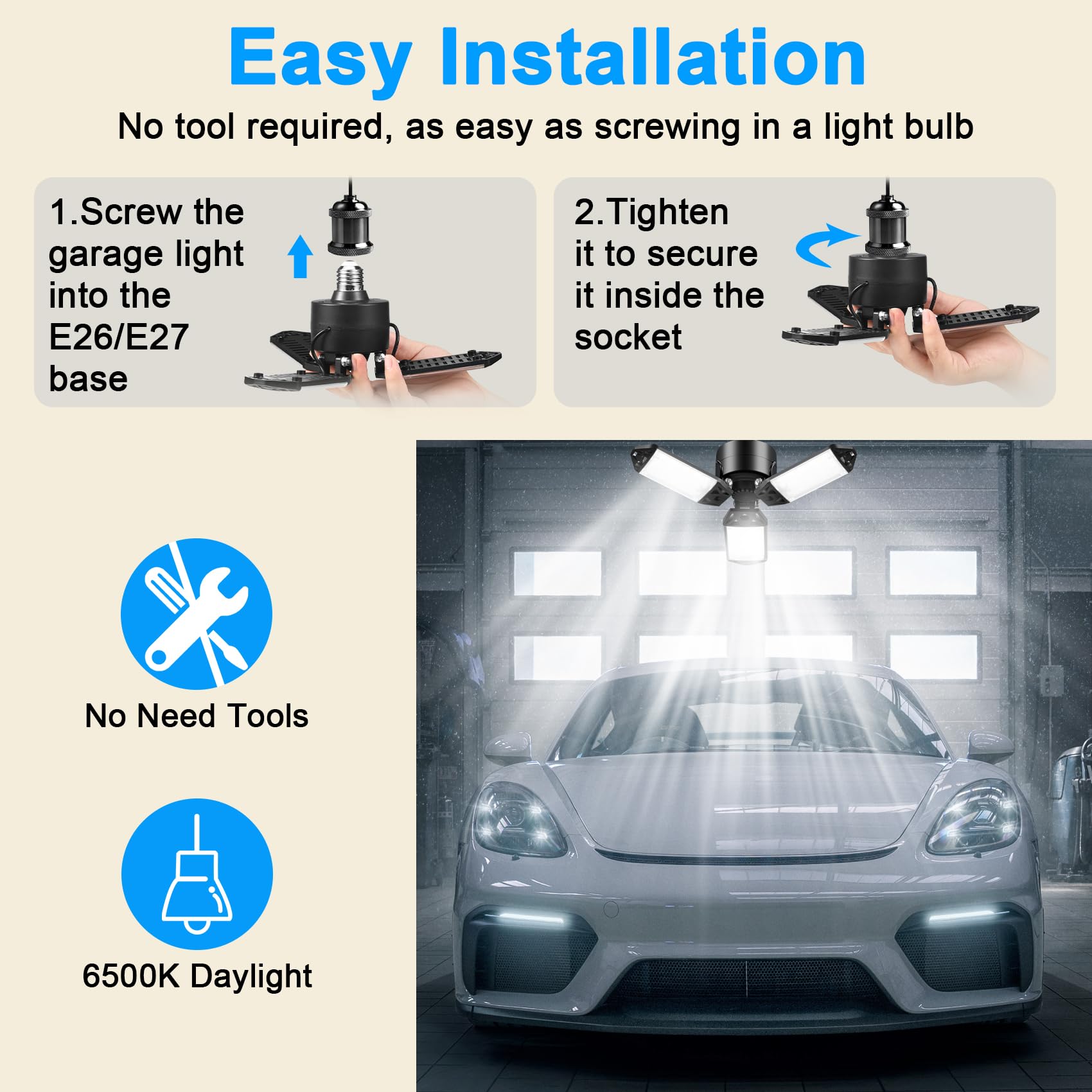 Kofarrten LED Garage Lights - 8000LM Super Bright, 80W 6500K Adjustable Shop Lighting for Garage, Workshop, Basement & Warehouse (2 Pack) - Perfect for Home Improvement, Auto Repair & DIY Projects