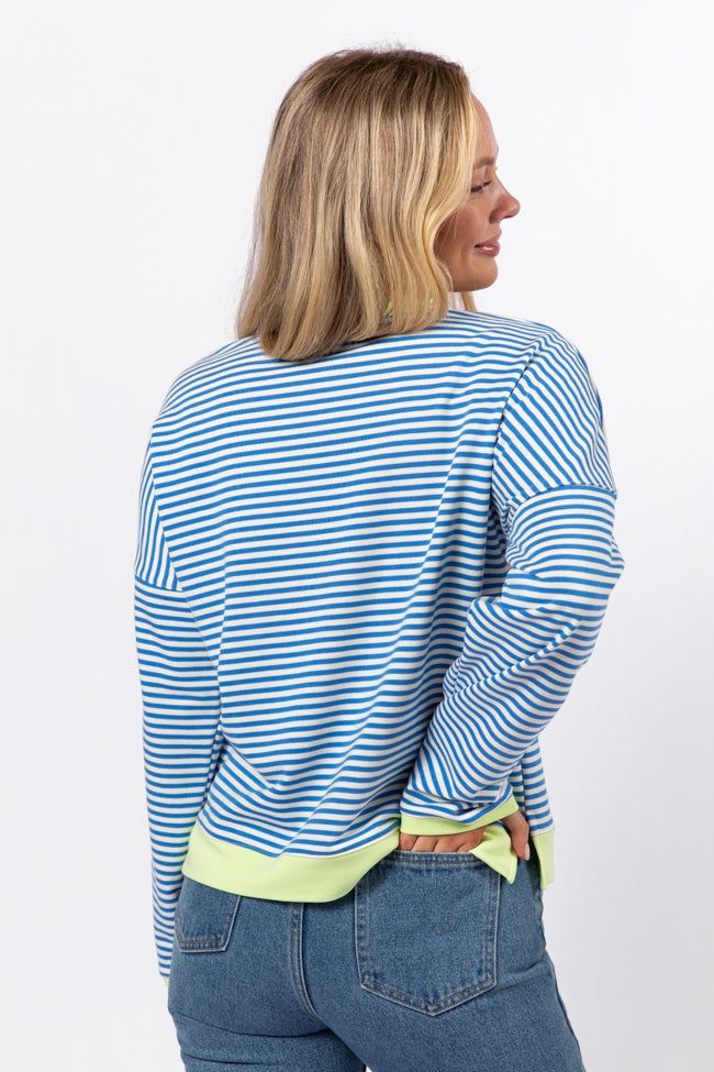 Think On It Blue Striped Contrast Trim Pullover Sweater | Cozy Casual Wear for Women | Perfect for Fall & Winter Layering