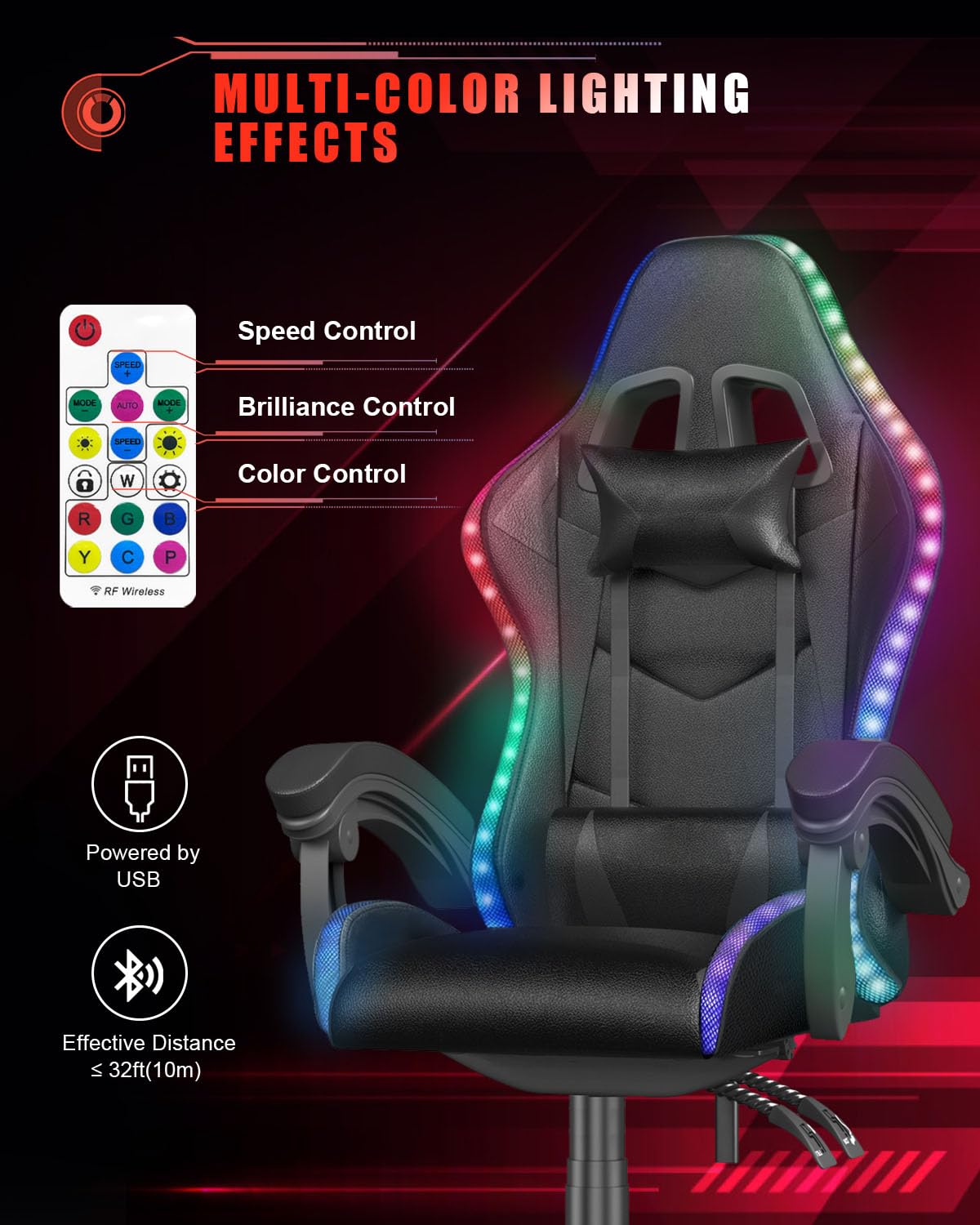 Premium Ergonomic Gaming Chair with RGB LED Lights - Adjustable Headrest & Lumbar Support - Racing Style Recliner with Swivel Seat & Height Adjustment - Perfect for PC Gaming, Esports & Home Office (Black)