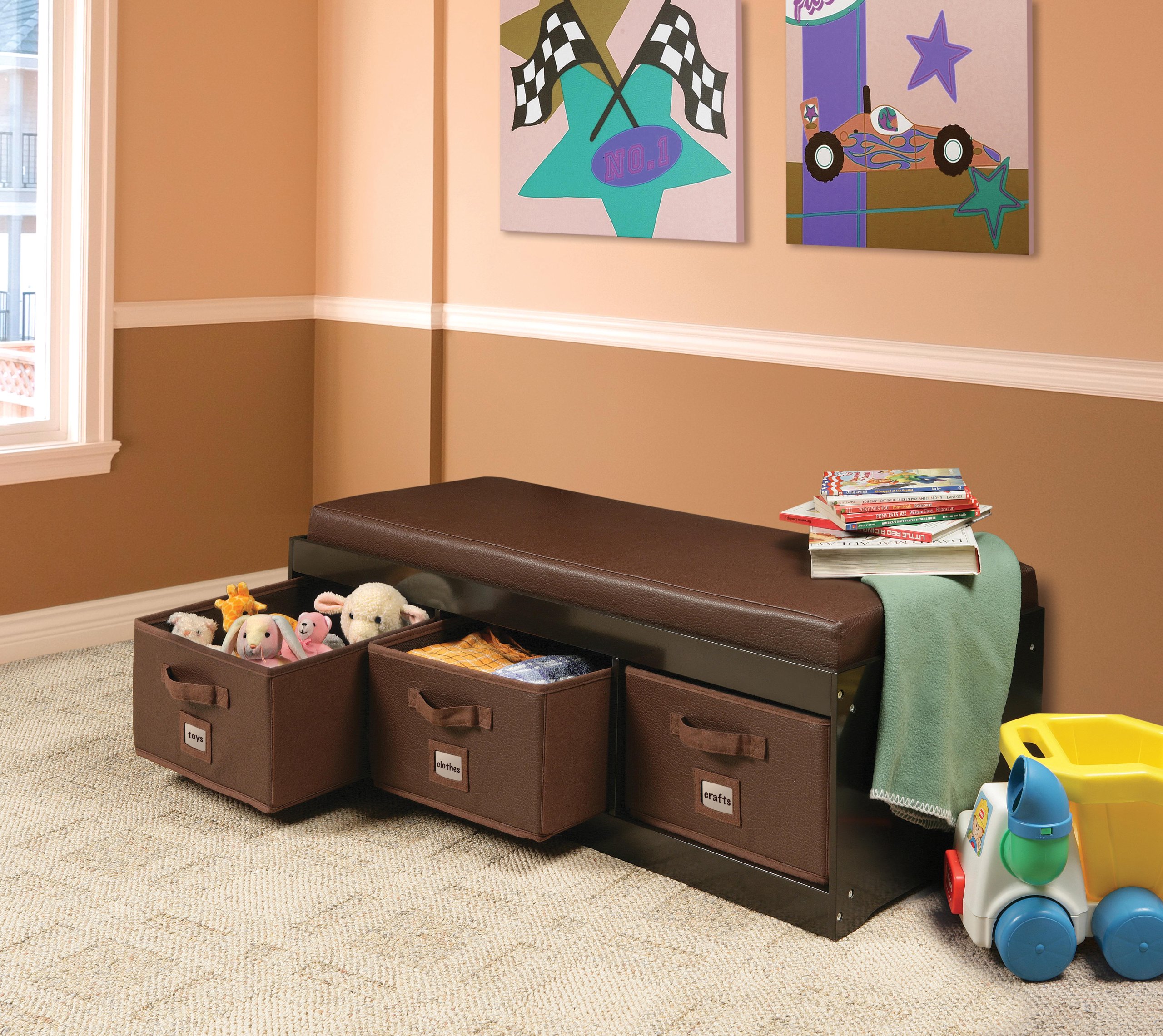 Badger Basket Kids Toy Storage Bench with Cushion & 3 Fabric Bins - Espresso Brown - Organize Playroom, Nursery or Bedroom Toys - Perfect for Home, Daycare & Preschool