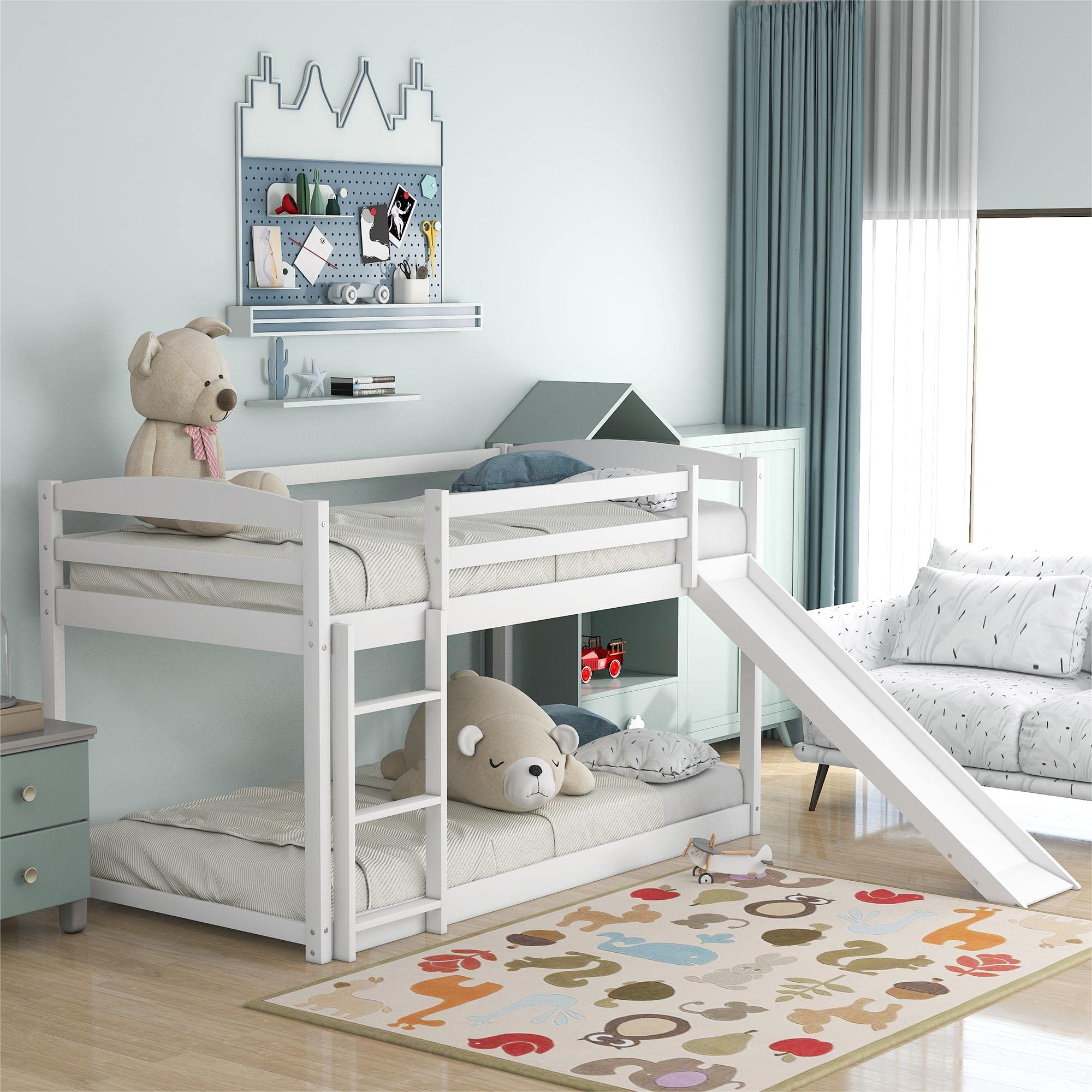 **Convertible Twin Over Twin Bunk Bed with Slide & Ladder – Solid Wood Low Bunk Bed Frame for Teens – Safety Guardrails & Slats – No Box Spring Needed – White – Perfect for Kids' Bedrooms & Small Spaces**