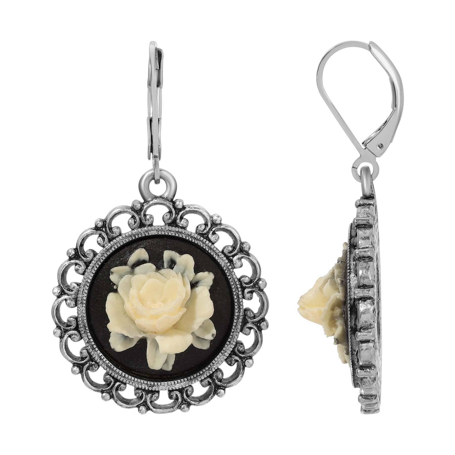 1928 Vintage Ivory White Flower Cameo Drop Earrings – Elegant Dangle Earrings for Women, Perfect for Weddings, Parties & Special Occasions