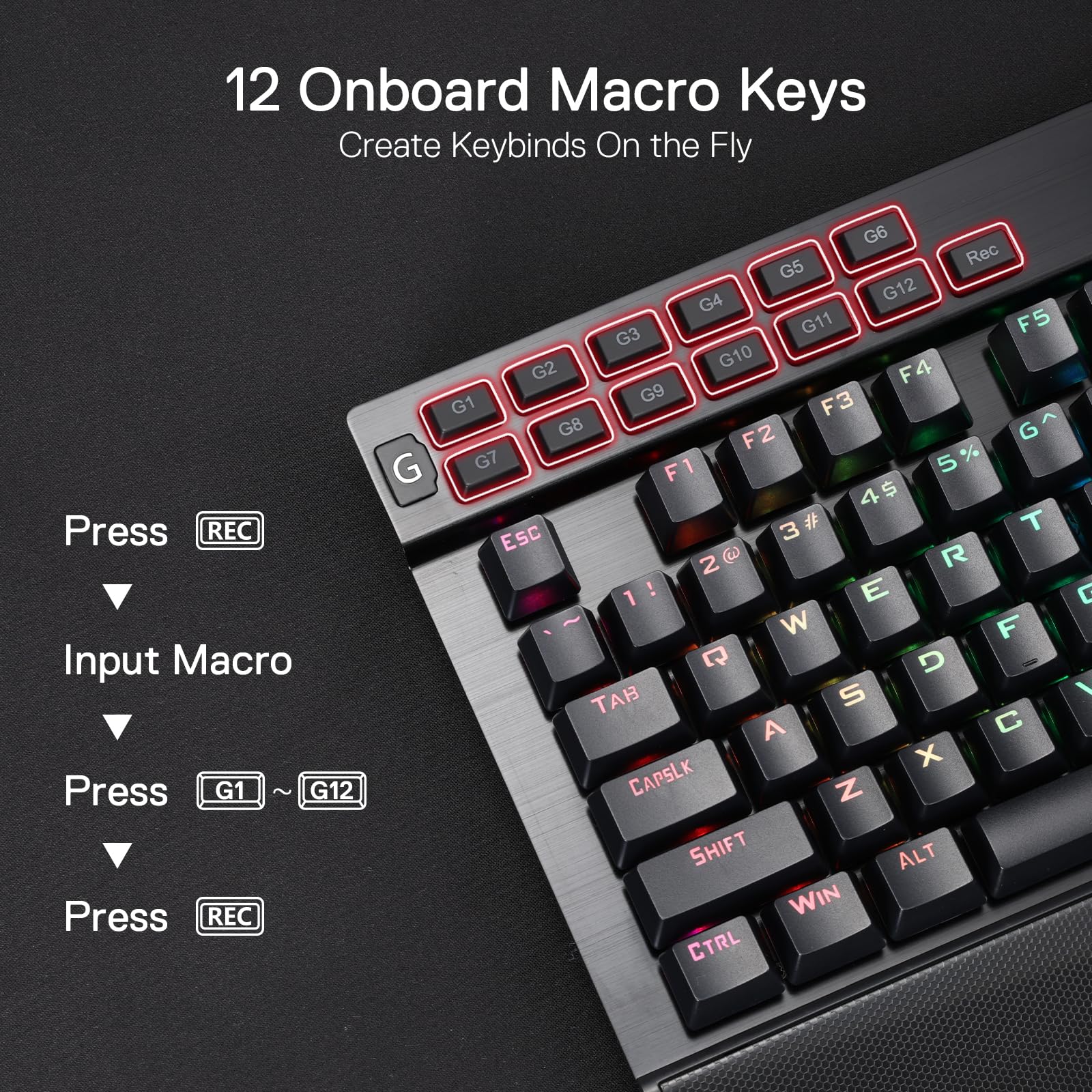 Redragon K550 RGB Gaming Keyboard - 104 Key Mechanical Keyboard with 12 Macro G Keys, Aluminum Top Plate, Clicky Purple Switches, USB Port & Wrist Rest - Perfect for PC Gaming, Esports & Office Work