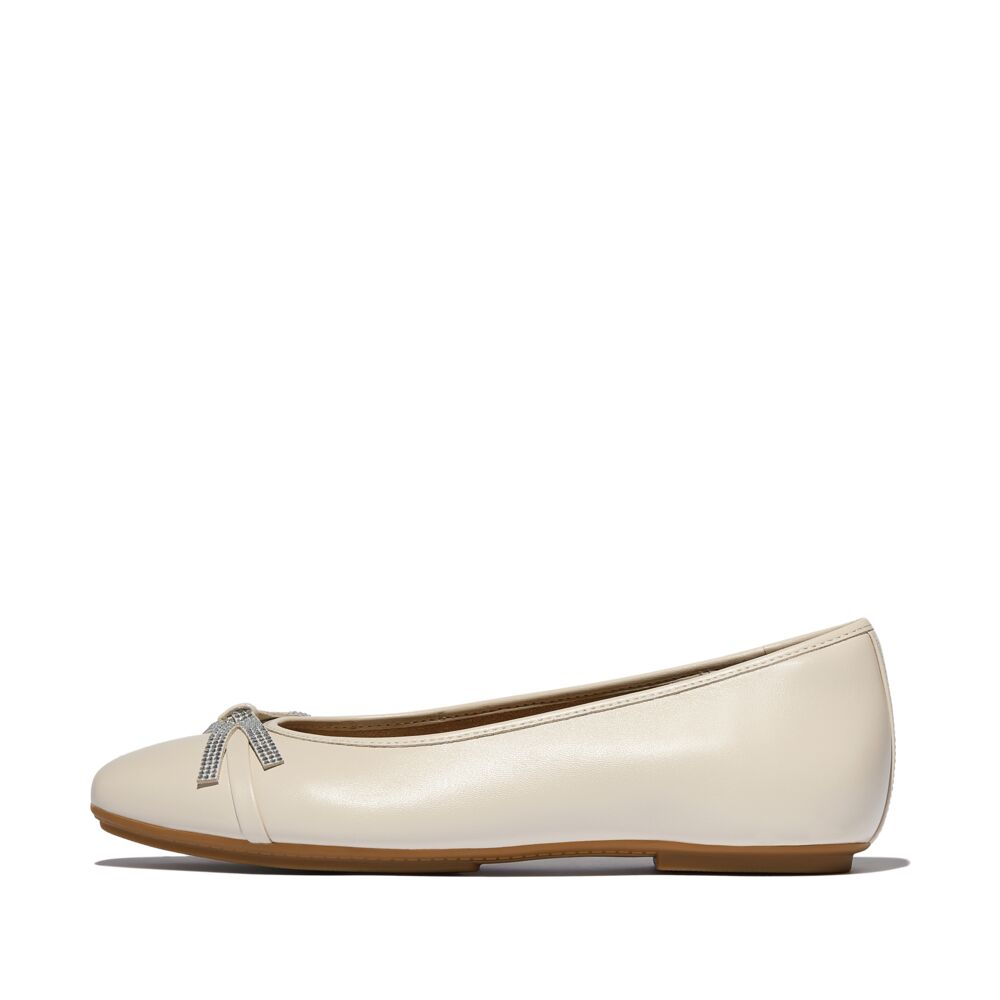 FitFlop Delicato Glitz Bow Leather Ballet Flats for Women - Comfortable & Stylish Paris Beige Shoes | Perfect for Work, Travel & Casual Outfits