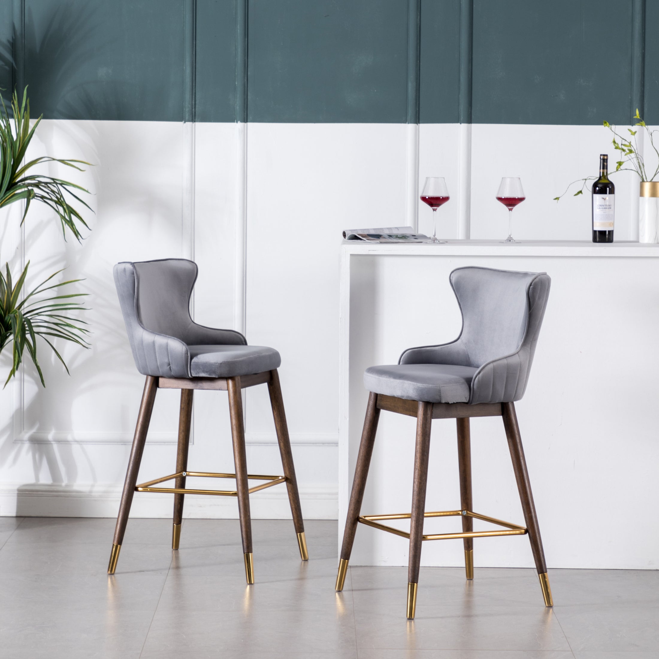 Roundhill Furniture Leland Fabric Upholstered Wingback Bar Stools - Set of 2, Gray - Comfortable Counter Height Stools for Kitchen Island, Breakfast Bar & Home Decor