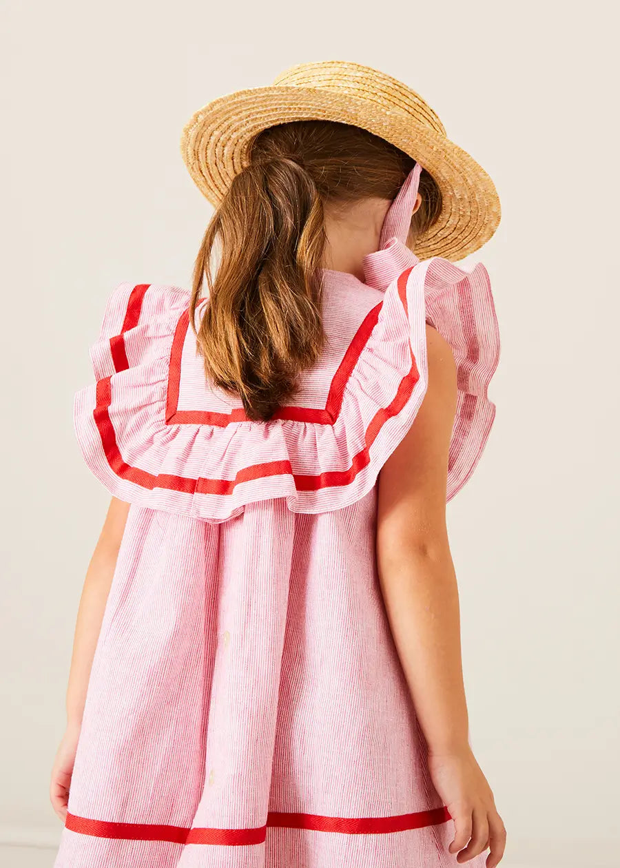 Lawrence Striped Ruffle Bib Sleeveless Dress for Girls - Red (Size 12 Months to 8 Years) | Casual Summer Outfit, Birthday Party Dress, Photoshoot Outfit, Playdate Attire