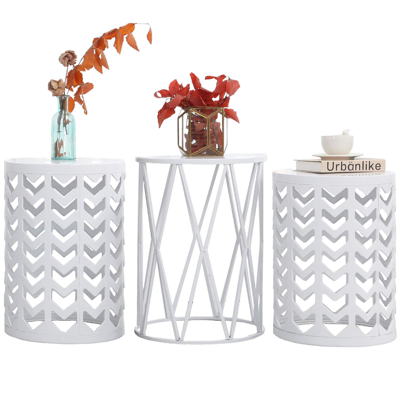 Y&M Nesting Side Table Set of 3 - Stackable Modern Industrial Coffee Tables for Living Room, Bedroom & Patio - Heavy Duty Metal Frame Indoor/Outdoor End Tables - Pure White (US Shipping) | Perfect for Small Spaces, Coffee Corner & Garden Decor