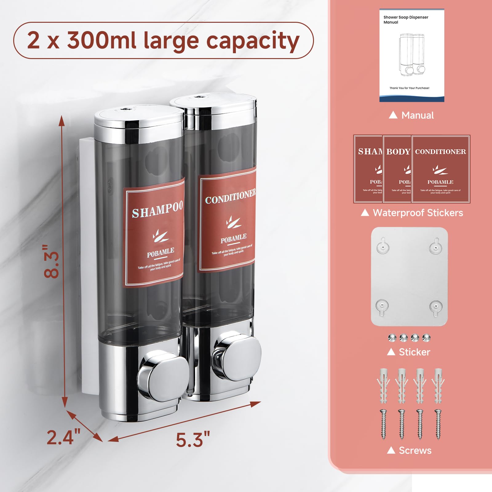 Wall Mounted No Drill Shampoo and Conditioner Dispenser - 2 Chamber Chrome Shower Soap Dispenser for Body Wash & Shower Gel | Perfect for Bathroom Organization & Space Saving Shower Storage