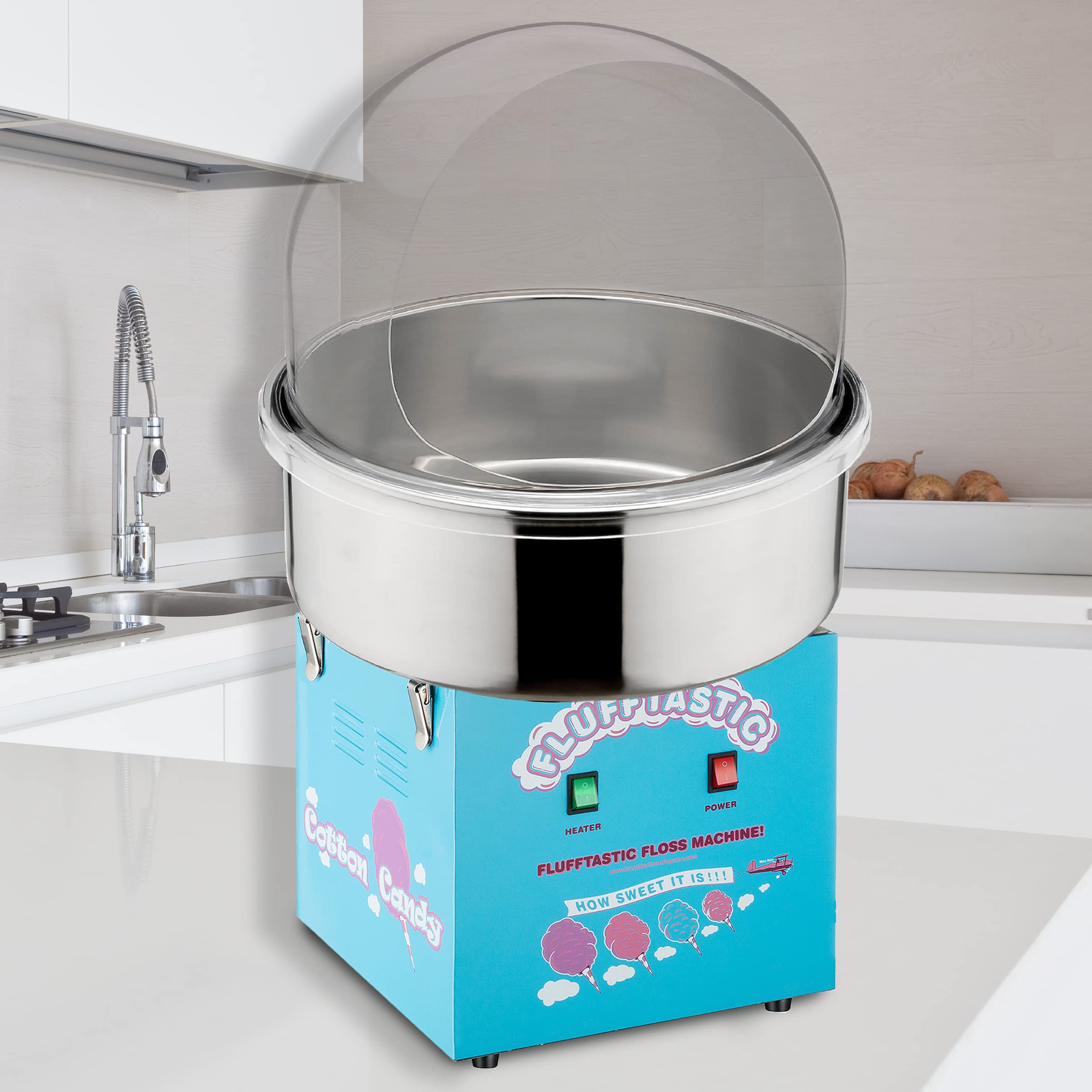 Flufftastic 1000W Cotton Candy Machine with Dome Shield & Stainless Steel Pan - Electric Candy Floss Maker for Parties, Carnivals & Home Use - Great Northern Popcorn Commercial Grade Cotton Candy Maker (Blue)