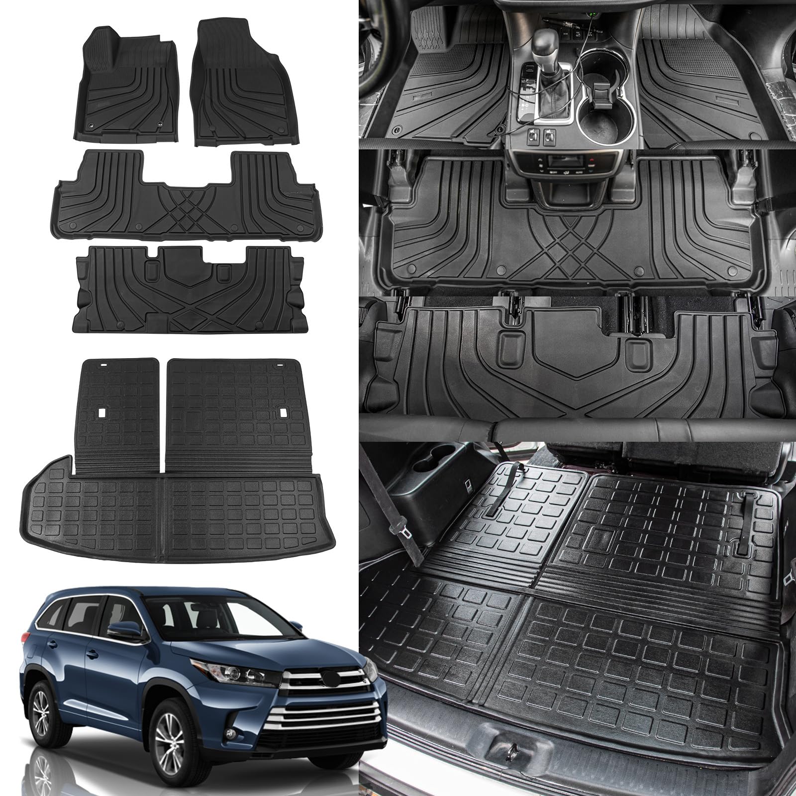 Rongtaod Custom Fit Floor Mat for 2014-2019 Toyota Highlander - Waterproof Trunk Cargo Liner with Back Seat Cover Protector | All-Weather Car Accessories for SUV Protection & Organization (Perfect for Road Trips, Grocery Hauling & Pet Transport)
