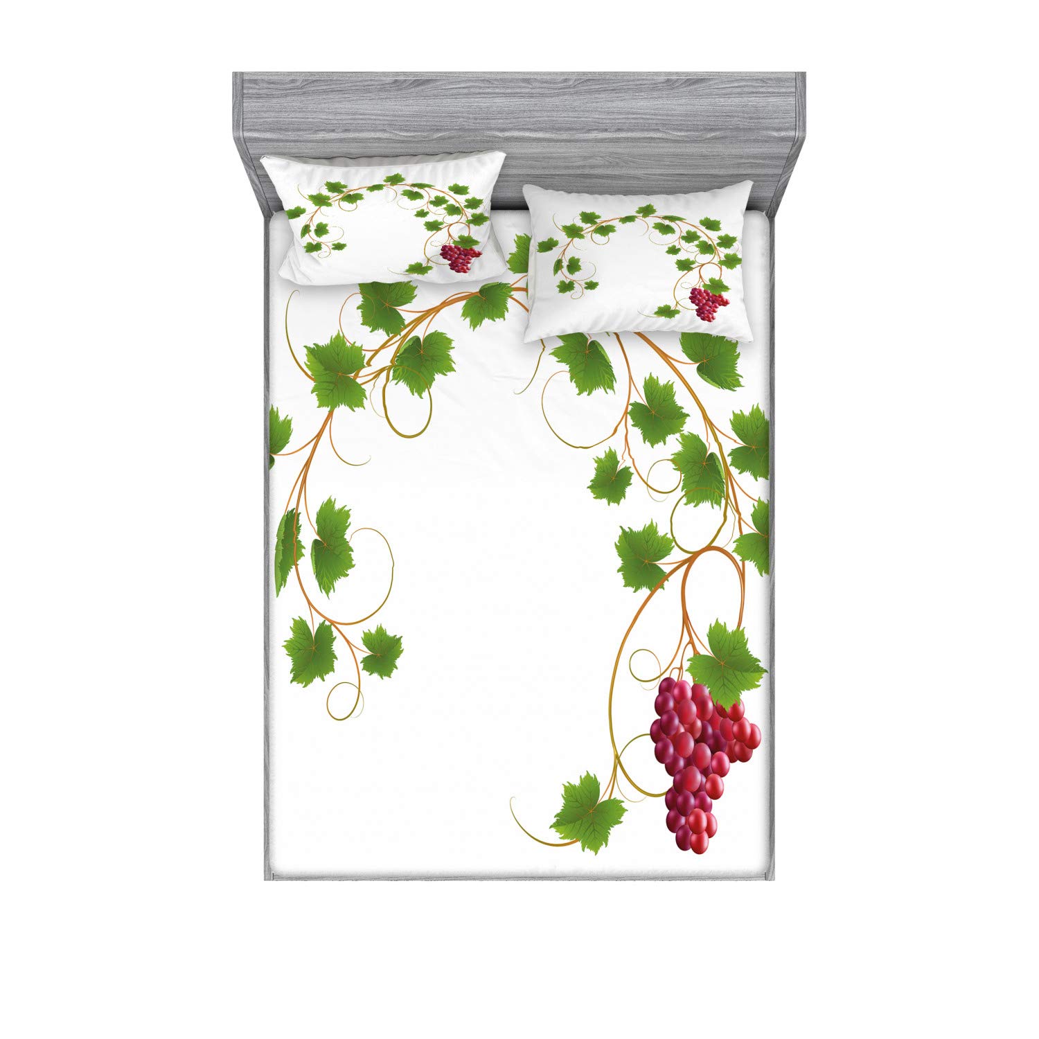 Ambesonne Vineyard Fitted Sheet & Pillow Sham Set - Queen Size 3-Piece Bedding Set with Curved Ivy & Cabernet Wine Cluster Print in Green & Purple | Elegant Home Decor for Bedroom, Guest Room, or Wine Lover's Retreat