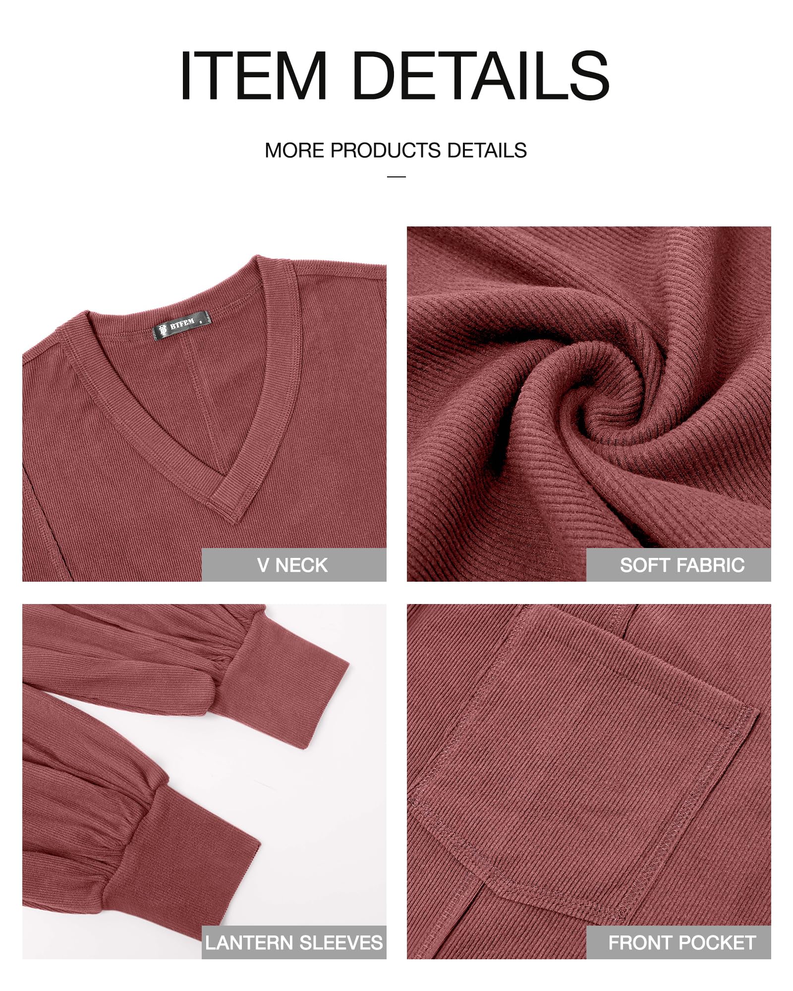 BTFBM Women's Ribbed Long Sleeve T-Shirt - V Neck Pullover Knit Blouse, Loose Fit Tunic Top for Spring & Summer 2025 | Casual Outfits, Layering, Office Wear & Weekend Style