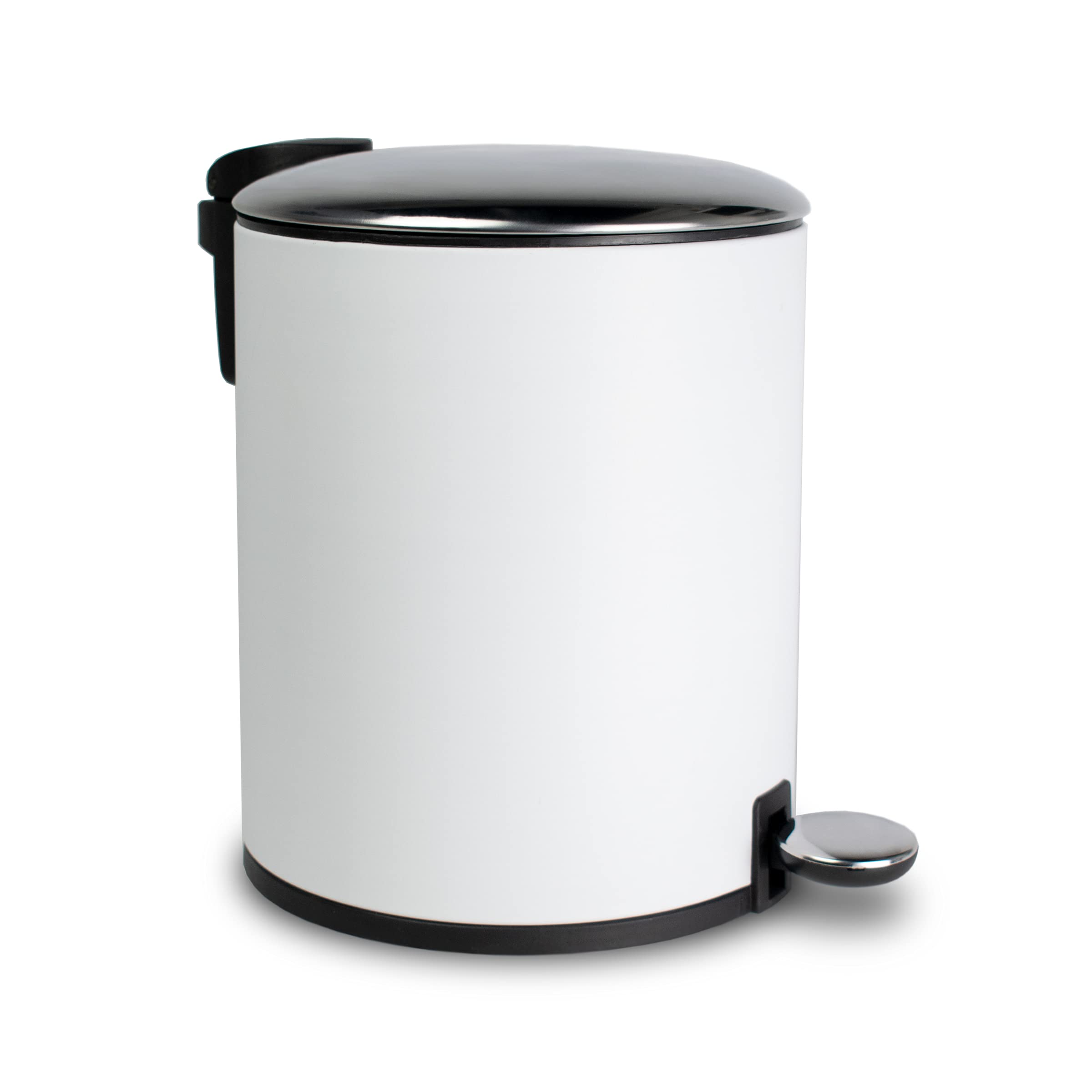 AQ Round Metal 5 Liter/1.3 Gallon Step Trash Can with Removable Liner & Soft Close Lid - Small Garbage Pedal Bin for Bathroom, Bedroom, Office, Kitchen - Matte White & Chrome - Perfect for Waste Disposal in Compact Spaces