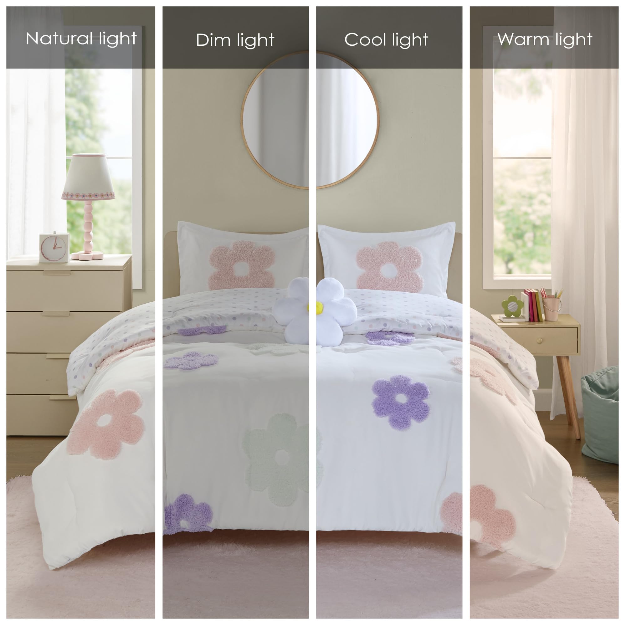 Girls Twin Comforter Set - Tufted Chenille Floral & Polka Dot Reversible Bedding | 3-Piece Set with Comforter, Sham & Pillow | Lightweight Purple & White Design | Perfect for Kids' Bedroom Decor & Sleepovers