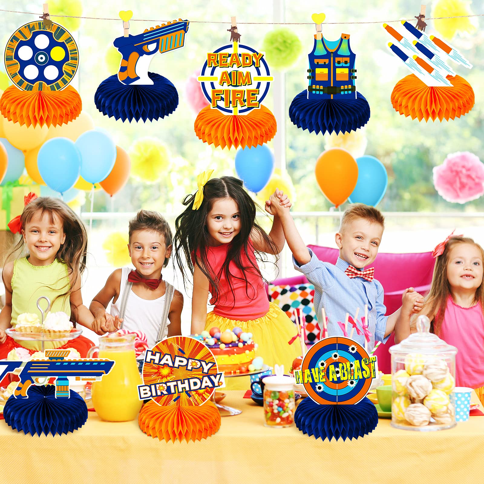 Outus 9-Piece Dart Battle Party Decorations Kit - Honeycomb Centerpieces, Double-Sided Table Toppers for Blaster Battle Theme Birthday Parties - Perfect for Kids' Birthday, Nerf War, and Game Night Decorations