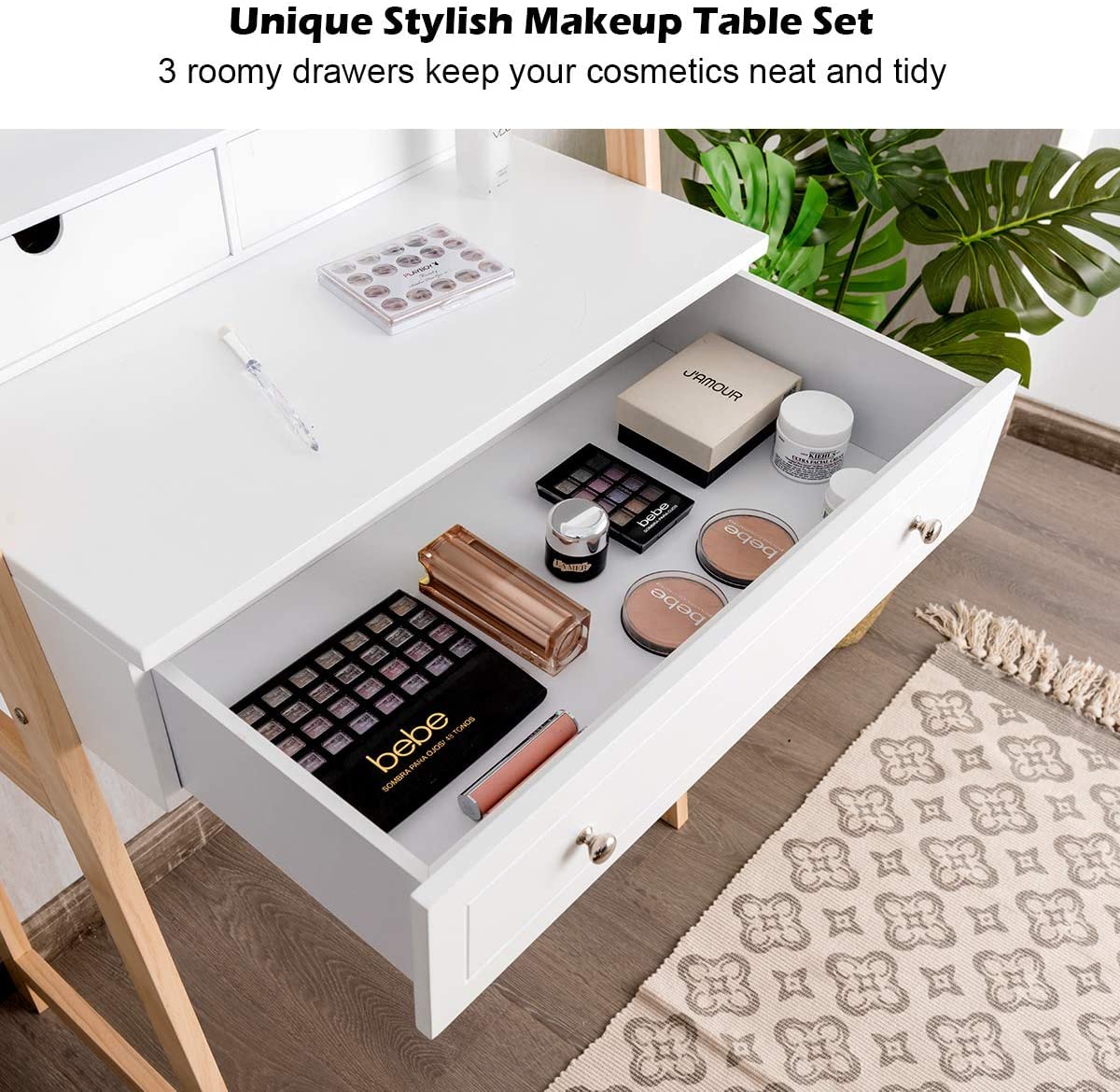 MAT EXPERT Vanity Desk Set with Mirror and Drawers - Chic White Dressing Table with Padded Stool, Makeup & Skincare Organizer, 2-Tier Tabletop & Large Mirror - Perfect for Bedroom, Dressing Room & Makeup Studio