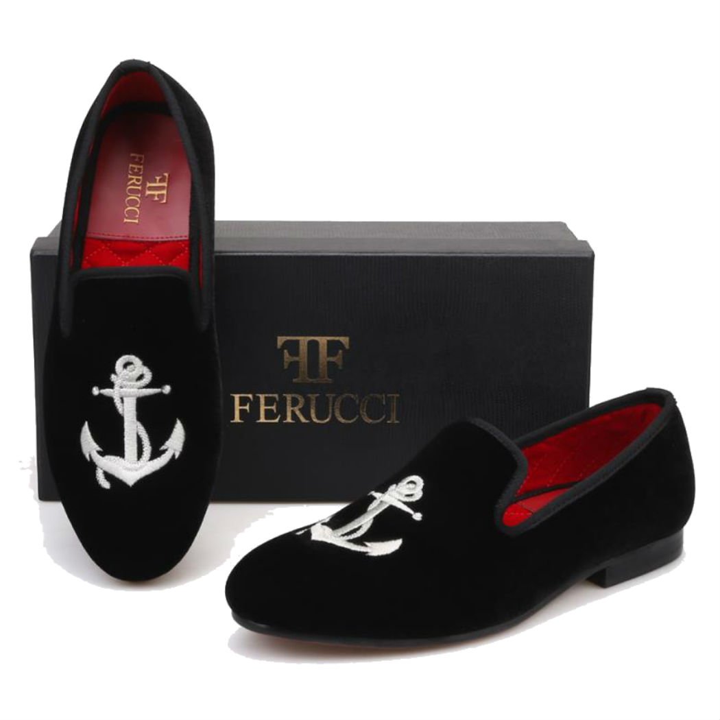 FERUCCI Handmade Men's Black Velvet Loafers with Silver Anchor Detail - Comfortable House Slippers for Indoor/Outdoor Wear, Perfect Gift for Dad & Husband