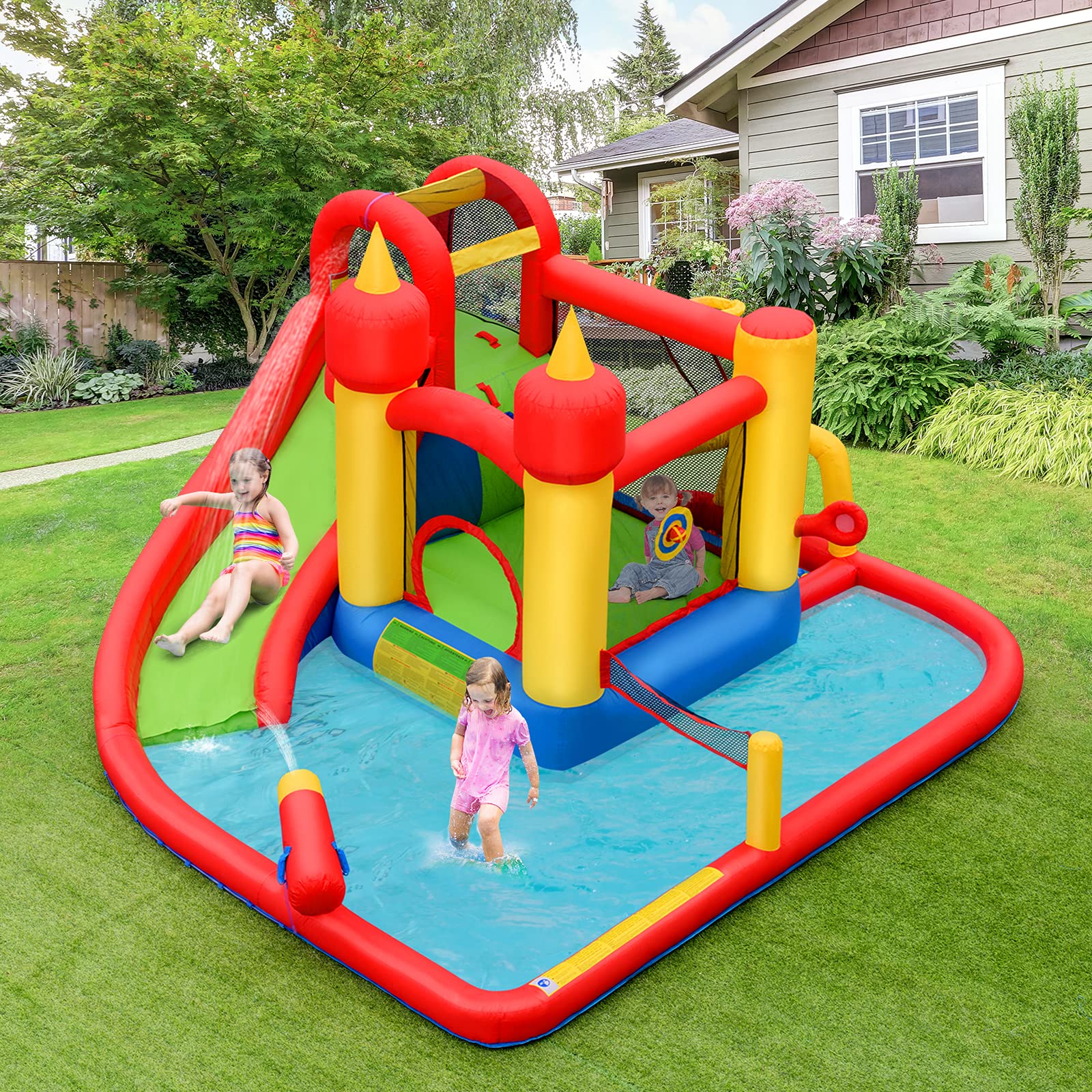 BOUNTECH Inflatable Water Slide & Bounce House Combo - 740W Blower, Splash Pool for Kids Outdoor Play | Wet/Dry Dual Use Backyard Water Park | Perfect for Birthday Parties, Summer Fun & Family Gatherings