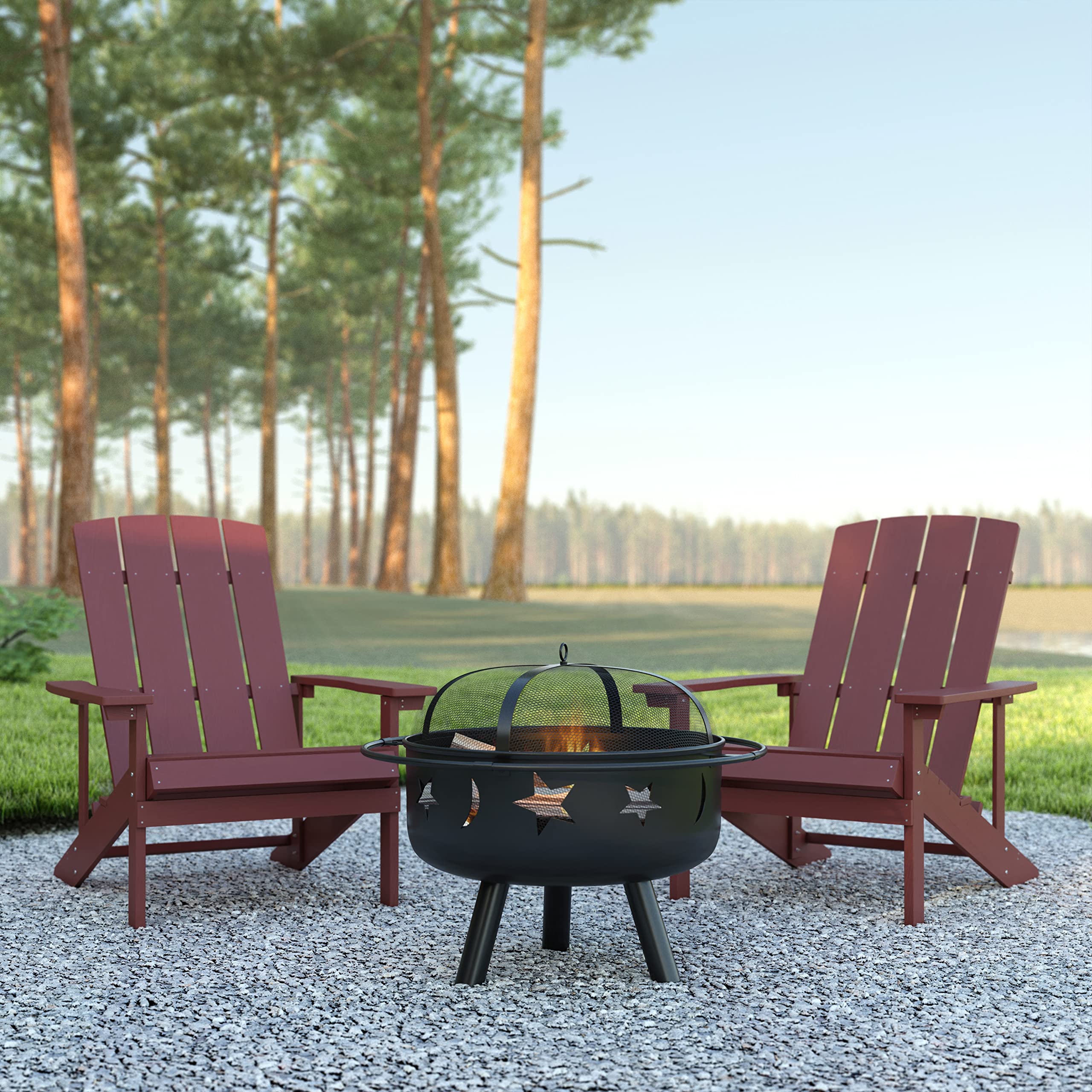 **EMMA + OLIVER Campfire Set - 2 Red Poly Resin Adirondack Chairs & 29