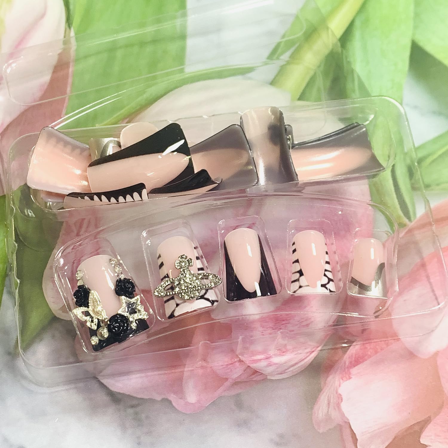 Duck Shaped Press On Nails - Glossy Black French Tip Acrylic False Nails with Floral Gem Charms | Medium Length Full Cover Artificial Nails with Glue | Perfect for Women's Daily Wear, Parties & Special Occasions