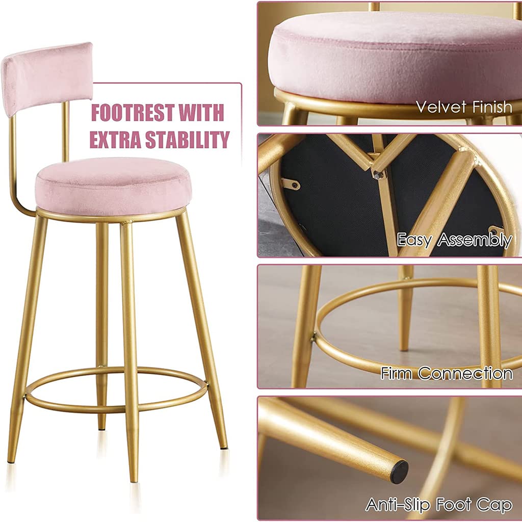 Luxury Velvet Upholstered Counter Bar Stool with Golden Metal Legs & Footrest - Modern Kitchen Island Breakfast Stool for Home, Pub, Bar & Restaurant - Perfect for Entertaining, Dining & Relaxing