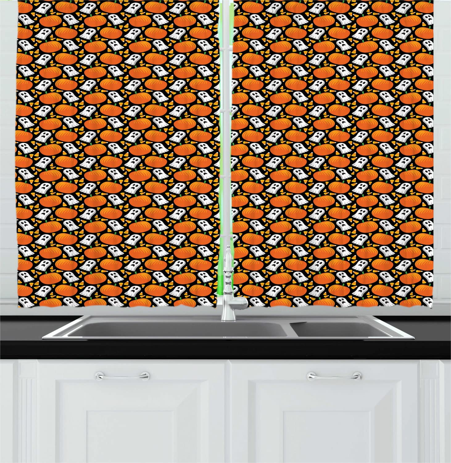 Ambesonne Halloween Kitchen Curtains - Spooky Ghost & Pumpkin Print, 2 Panel Rod Pocket Drapes, 55 x 45 Inches, Marigold/Fern Green/Taupe/Charcoal Grey - Perfect for Halloween Party Decor & Seasonal Home Decorating