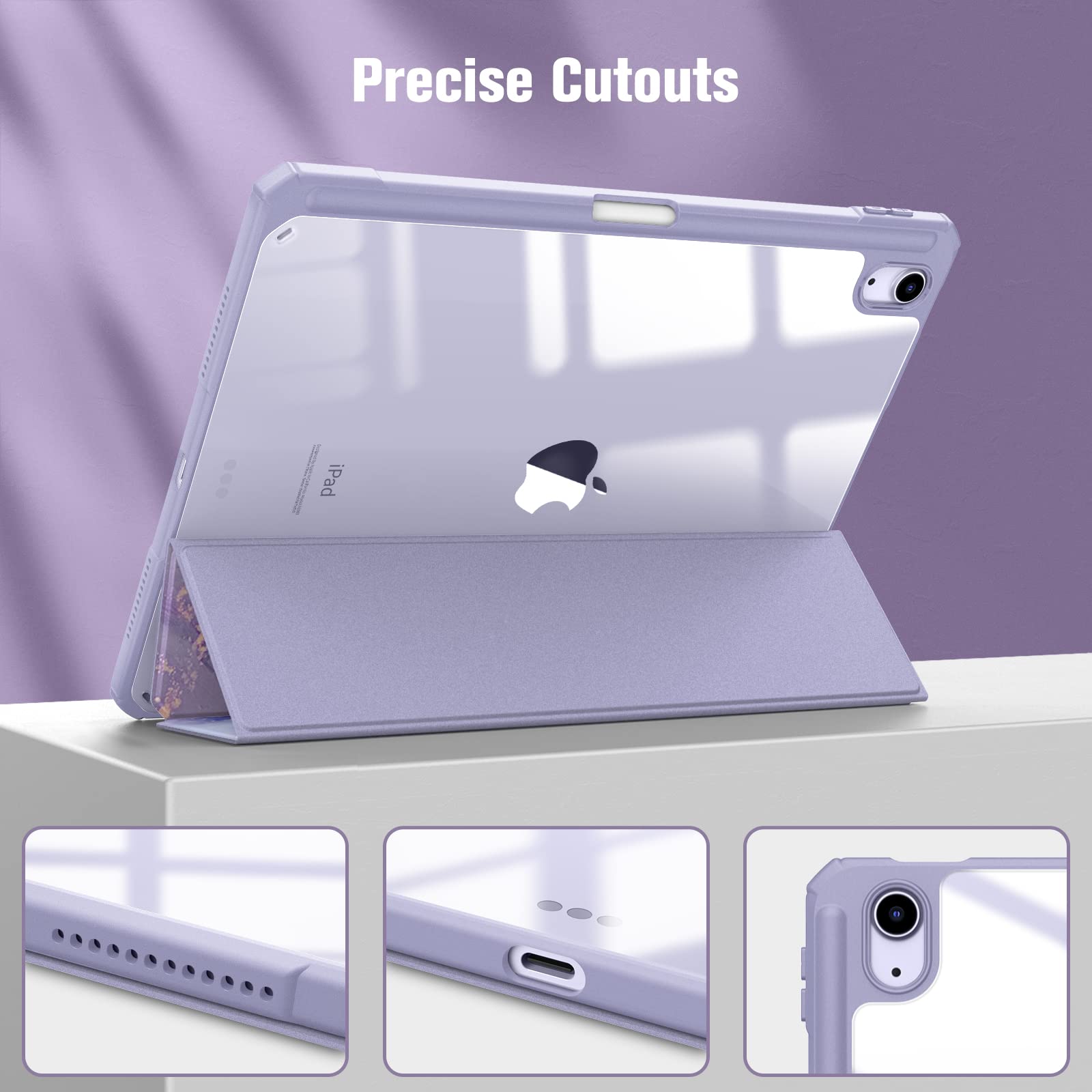 Fintie Hybrid Slim Shockproof Case for iPad Air 11-inch (M3/M2) & 10.9-inch (5th/4th Gen) - Clear Back Shell with Pencil Holder, Lilac Marble Design - Perfect for Work, School & Travel Protection