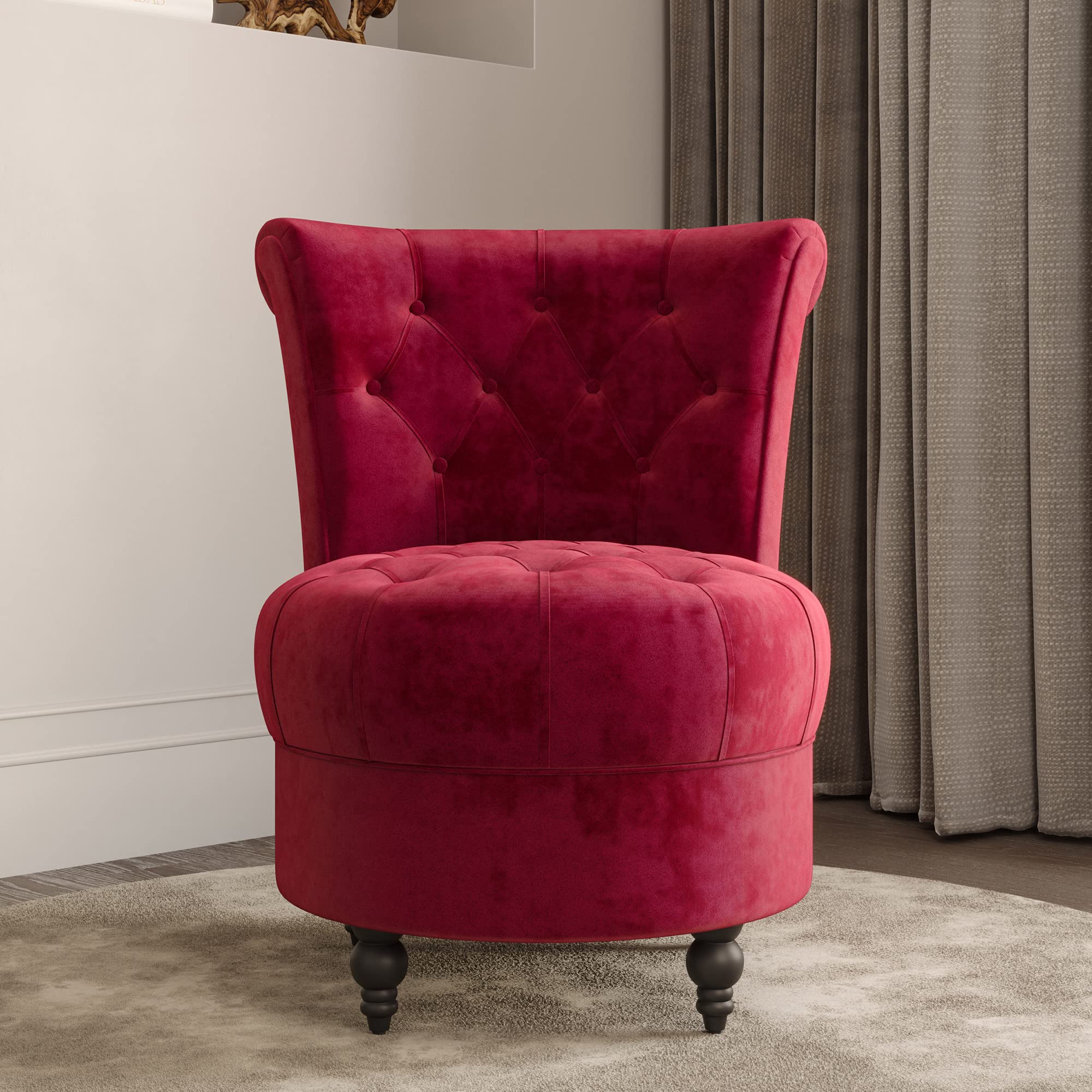 BELLEZE Throne Royal Velvet Accent Chair - Button-Tufted Upholstered Armless Low Back Chair with Thick Padding & Rubberwood Legs - Perfect for Living Room, Bedroom, or Office Decor (Red, Malik)
