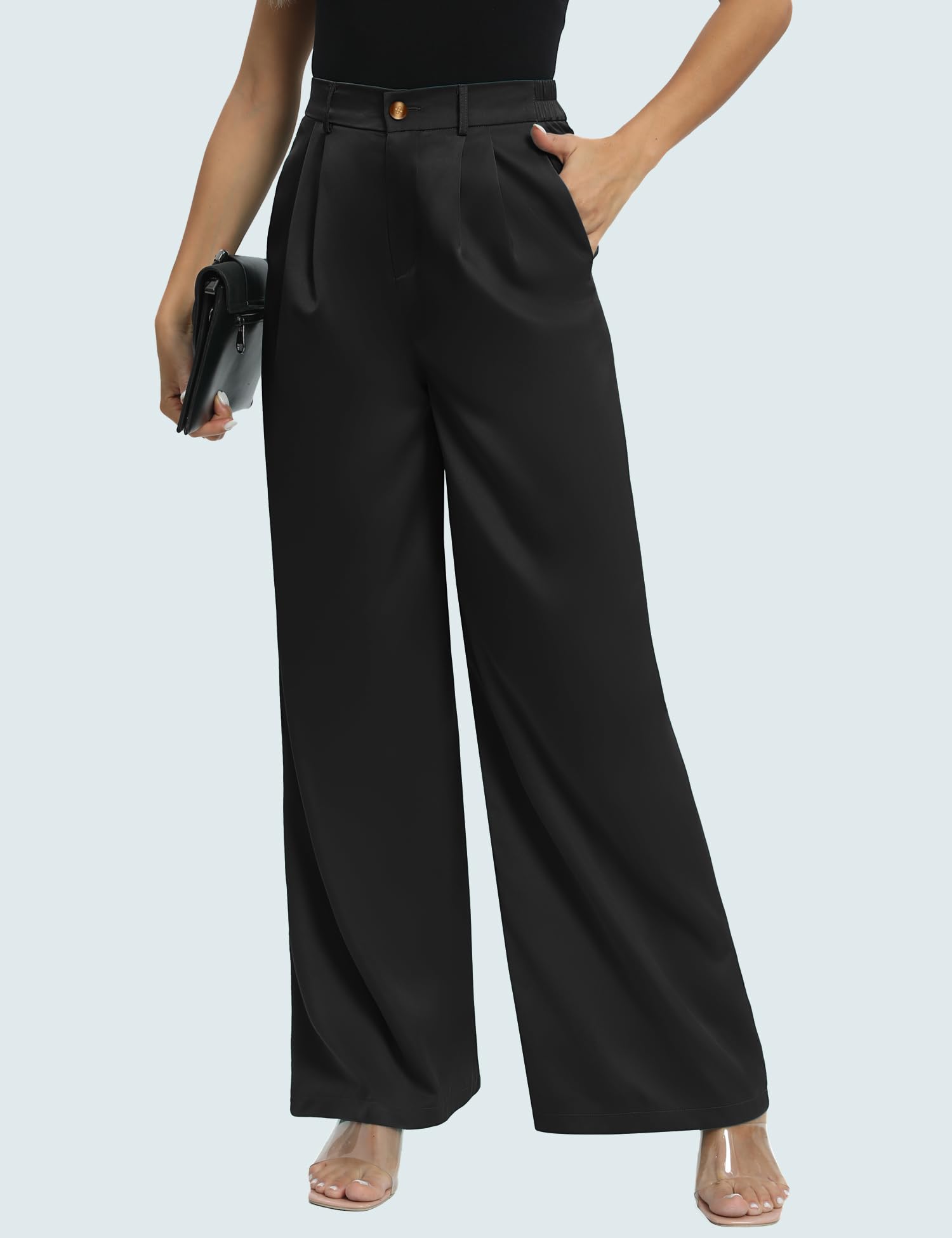 Women's High Waist Satin Dress Pants - Button Front Wide Leg Straight Work Trousers with Pockets | Office Wear, Business Casual & Formal Occasions
