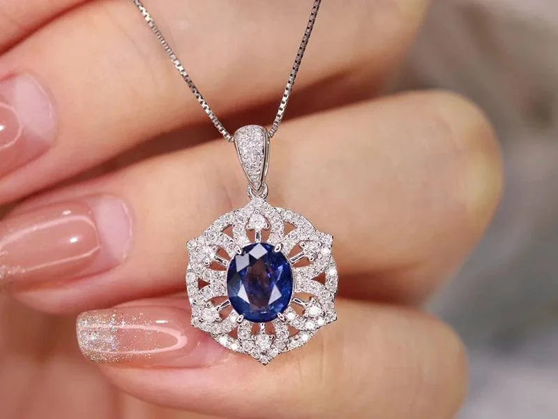 18K White Gold Blue Sapphire Sunflower Pendant Necklace for Women - Natural Diamond Jewelry Gift for Engagement, Anniversary & Special Occasions