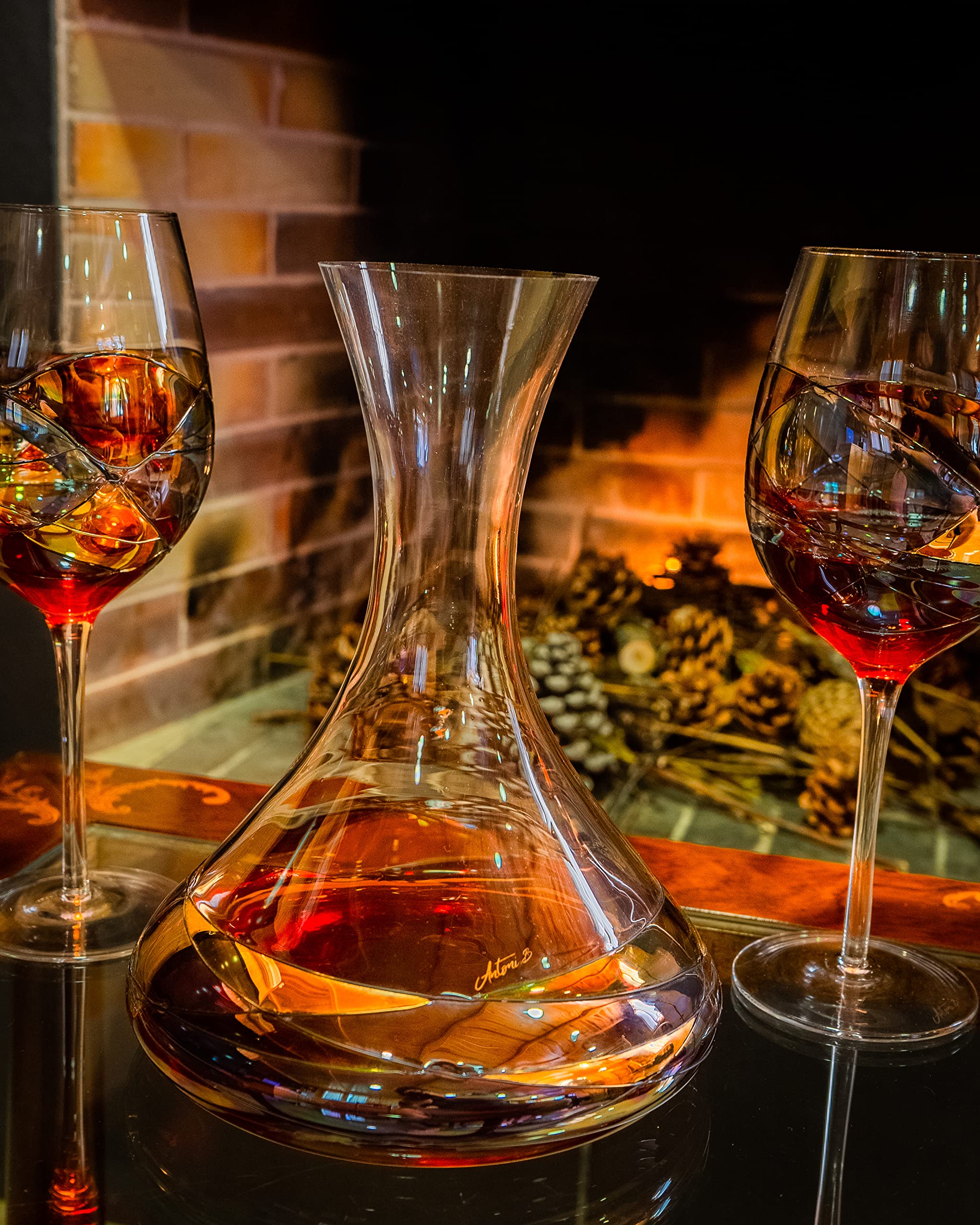 Handcrafted Wine Decanter Set with 2 Hand-Painted Red Wine Glasses - Premium Mouth-Blown Crystal Glassware for Wedding, Anniversary & Party Gifts - Perfect for Romantic Dinners, Wine Tasting & Special Occasions