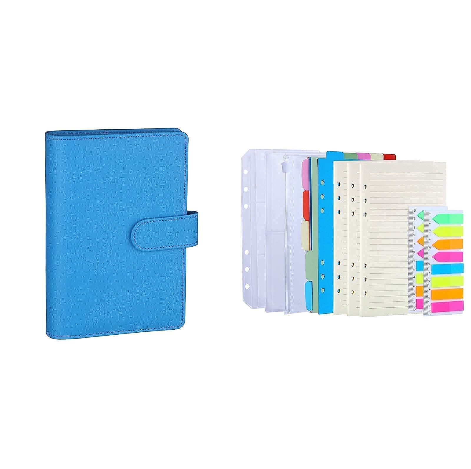 Antner A6 PU Leather Notebook Binder (Sky Blue) with 3-Pack Refill Paper, 160 Neon Page Markers & 10 Dividers - Perfect for School, Office & Planner Organization