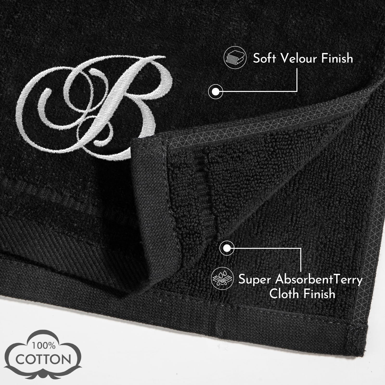 KLL Monogrammed Hand Towels Set - 100% Cotton Embroidered Bathroom Towels (11x18 Inches, Black, Letter B) - Soft & Absorbent Fingertip Towels for Guest Bathrooms, Powder Rooms & Spa Decor - Set of 2