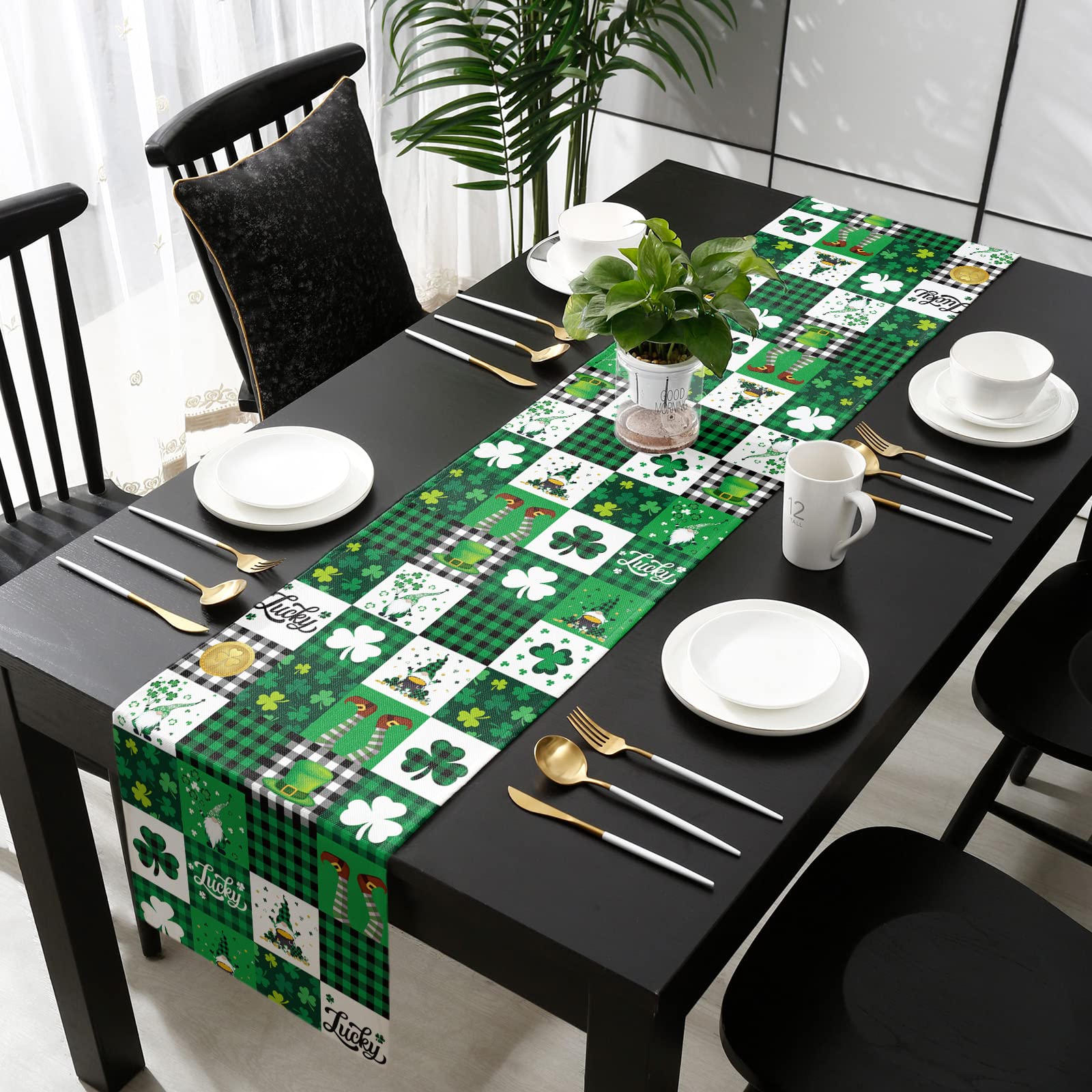 St. Patrick's Day Lucky Clover Table Runner - 72 Inch Irish Green Plaid Cotton Linen Tablecloth for Parties, Weddings & Home Decor | Perfect for Dining Tables, Coffee Tables & Dressers