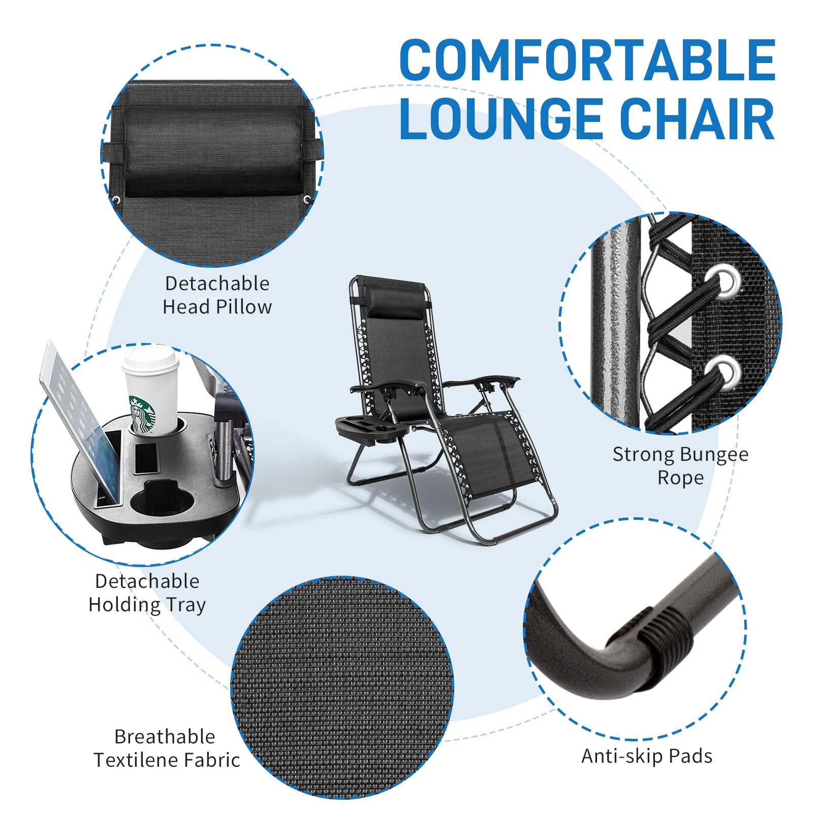 Bonnlo Zero Gravity Chair Set of 2 - Adjustable Reclining Patio Lounge Chairs with Pillow & Cup Holder, Foldable Outdoor Lawn Chairs for Deck, Backyard, Beach, Poolside & Garden Relaxation (Black)