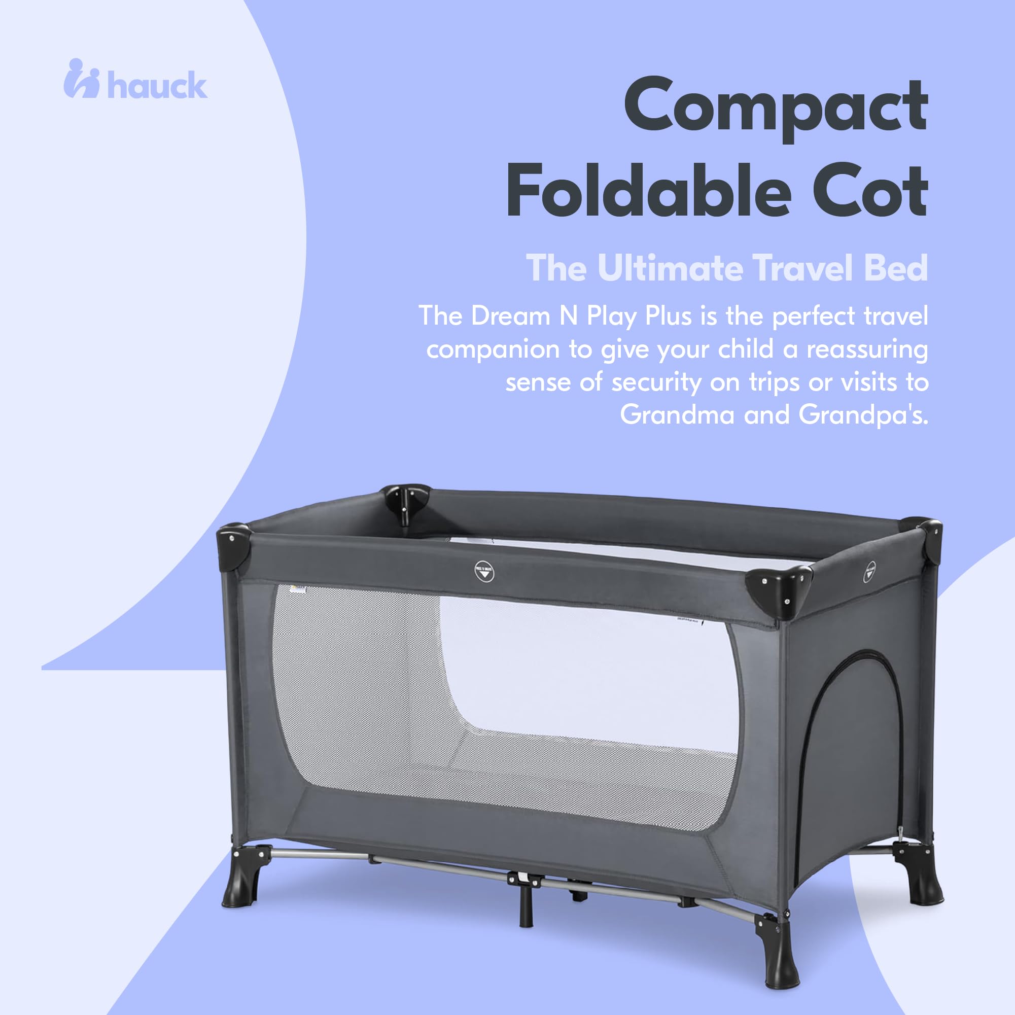 Hauck Dream N Play Plus Foldable Travel Cot & Portable Playpen for Baby & Toddler - Lightweight, Compact, Grey | Perfect for Travel, Home, Daycare & Outdoor Play