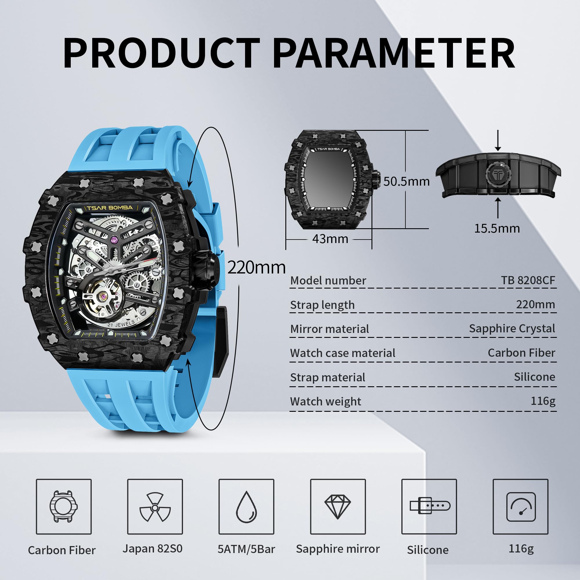 TSAR BOMBA Men's Automatic Skeleton Watch - Luxury Mechanical Tonneau Watch with 50M Waterproof, Big Square Dial & Silicone Strap - Perfect for Business, Formal Events & Everyday Wear