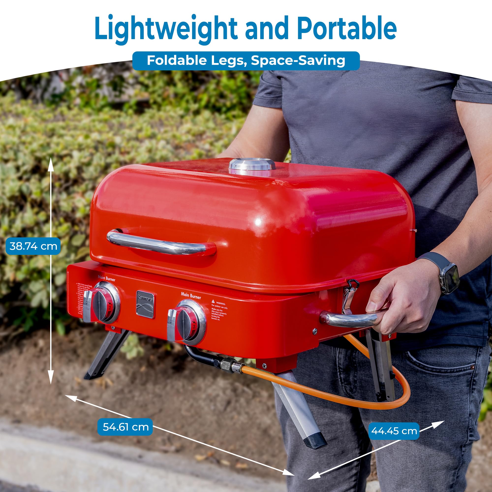 Kenmore Portable Propane Gas Grill - 2 Burner Tabletop BBQ Grill with 14,000 BTUs & Warming Rack, Stainless Steel Outdoor Cooking for Camping, Picnics, Tailgating, and Backyard Parties (Red)