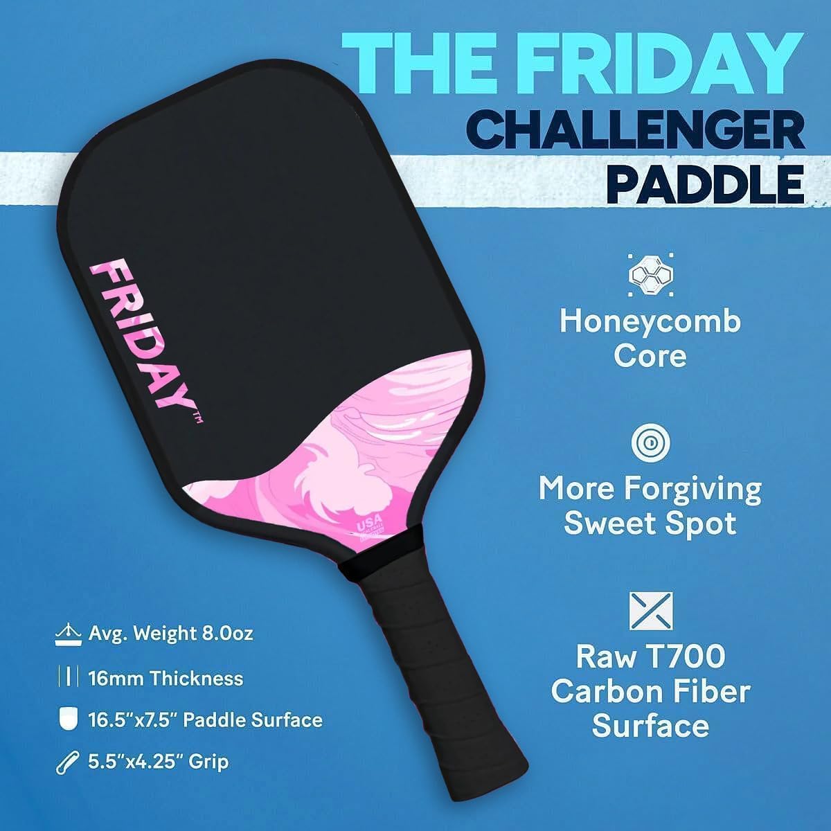 Challenger Friday Paddle - USAP Approved T700 Raw Carbon Fiber Pickleball Paddle with Foam Injected Walls & Honeycomb Core | Tennis Style Grip & Gritty Surface for Enhanced Spin | Perfect for Competitive Play & Recreational Pickleball Games