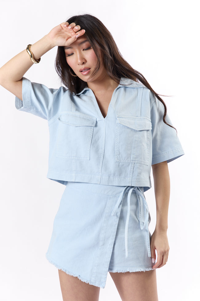 Trendy Ice Blue Cropped Denim Top for Women - Fashionable Streetwear & Summer Outfits | Perfect for Casual Wear, Beach Days & Music Festivals