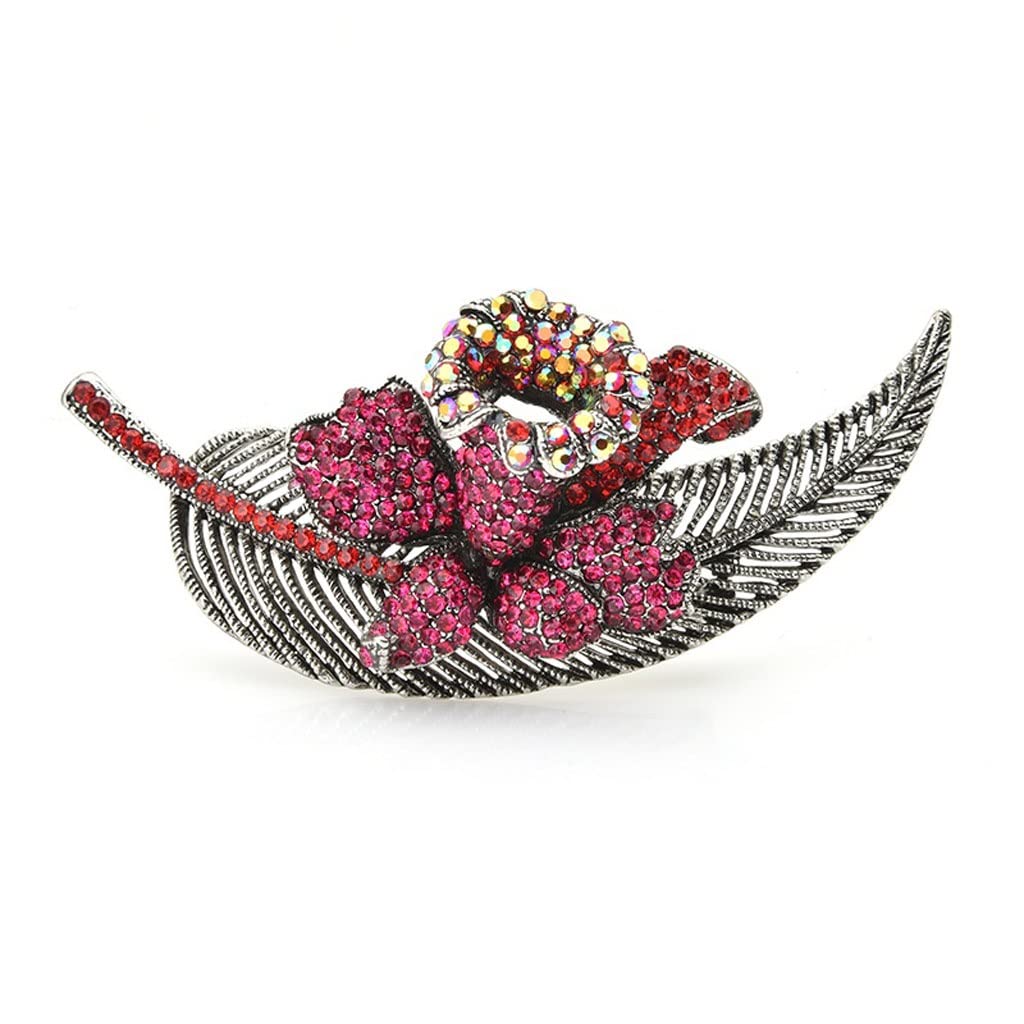 Vintage Red Rhinestone Flower Leaf Brooch Pin for Women - Elegant Retro Crystal Accessory for Weddings, Banquets, Parties & Special Occasions (Color: A)